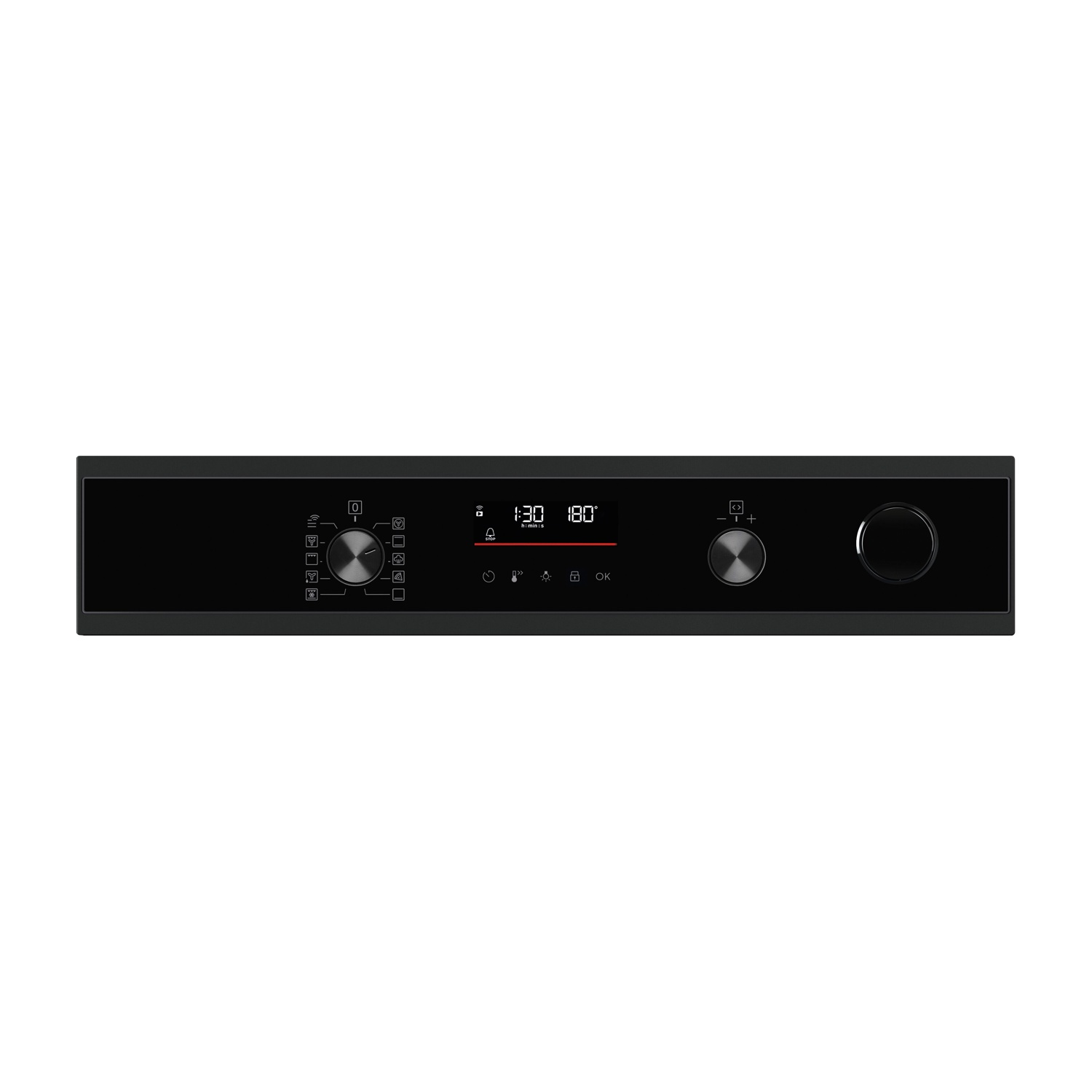 Pannello di controllo del forno nero con due manopole, display digitali e icone touch su sfondo bianco.