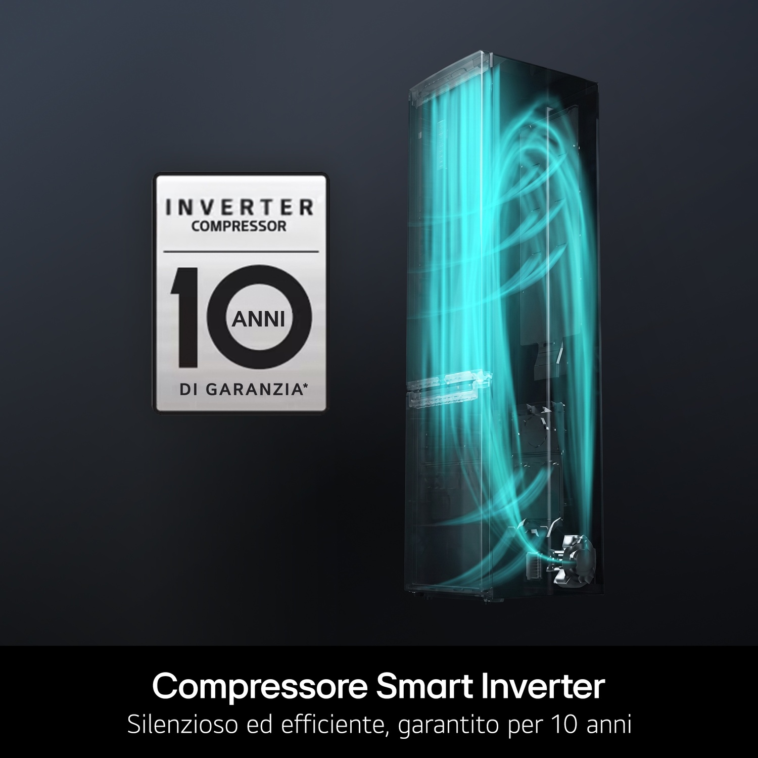 Frigorifero trasparente con flusso d'aria blu e logo di garanzia di 10 anni per il compressore inverter.