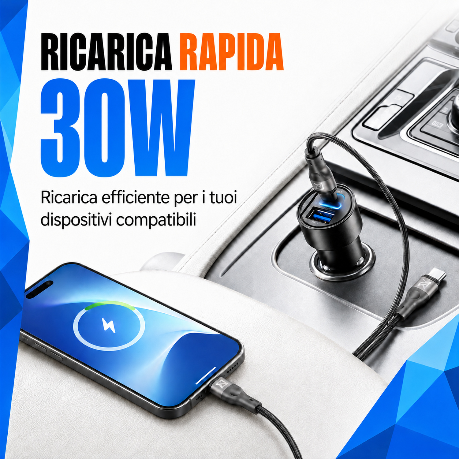 Un caricatore per auto USB da 30W inserito in un'auto ricarica uno smartphone.