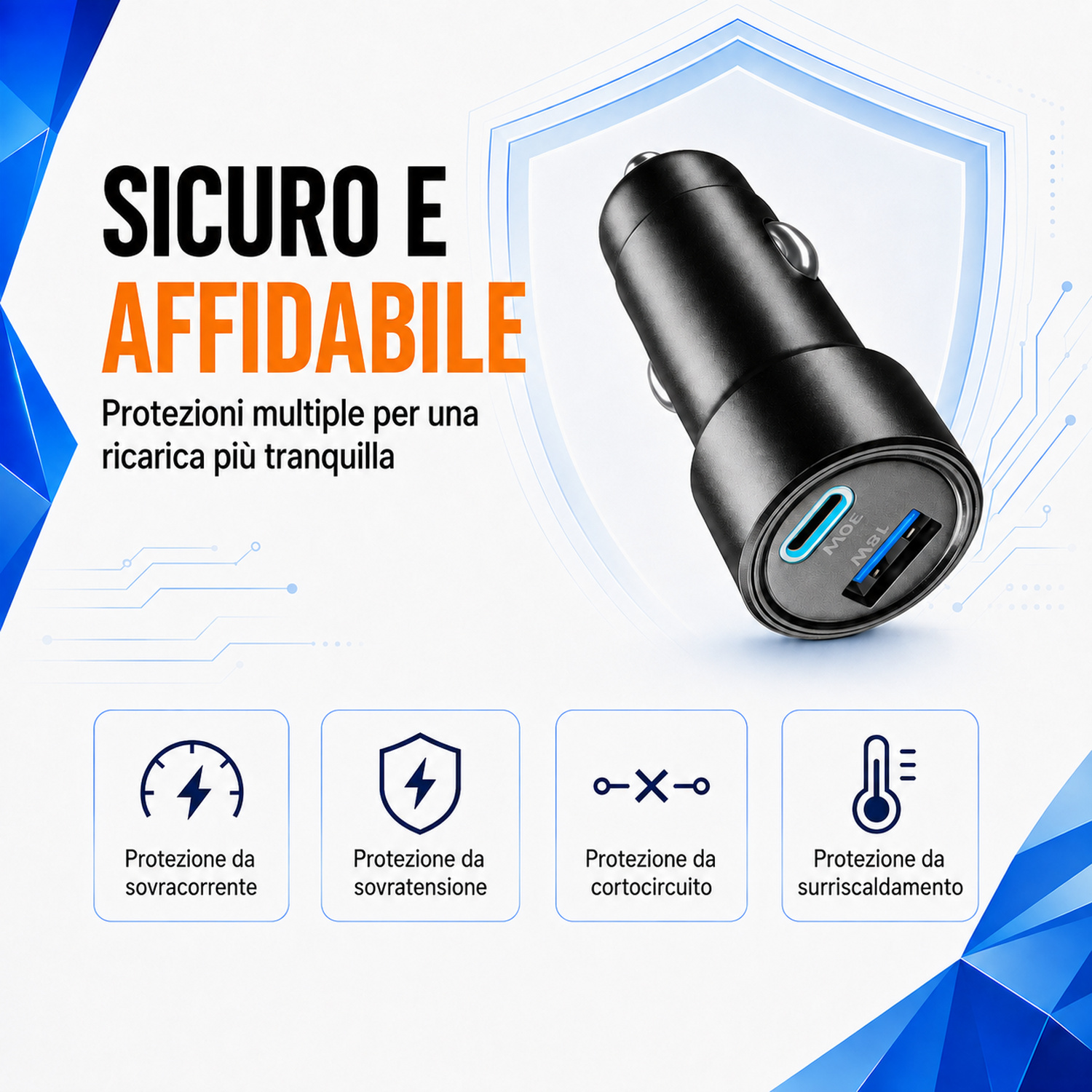 Caricabatterie per auto USB nero con icone di protezione e testo in italiano.