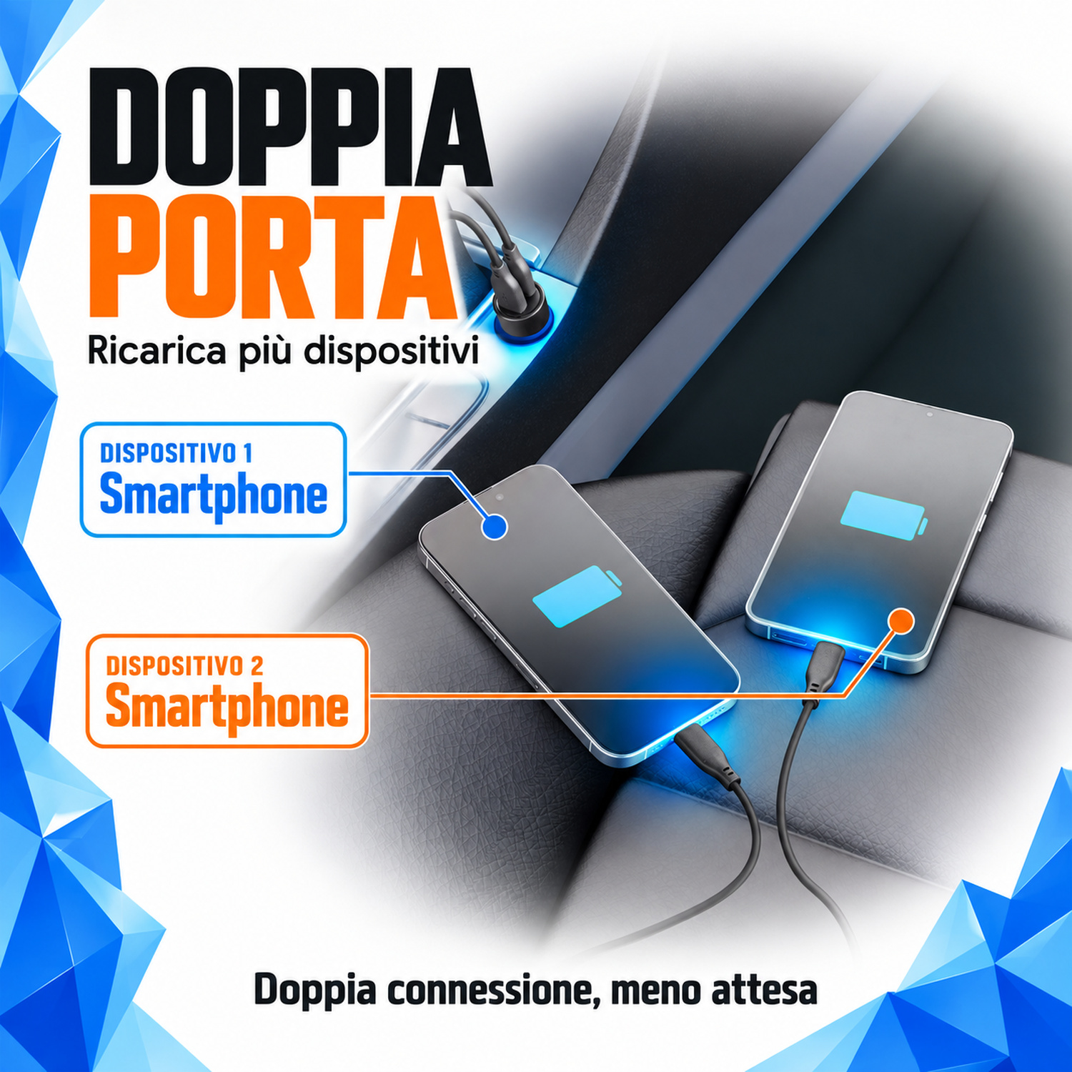 Due smartphone vengono caricati contemporaneamente in auto tramite un caricatore USB doppio.