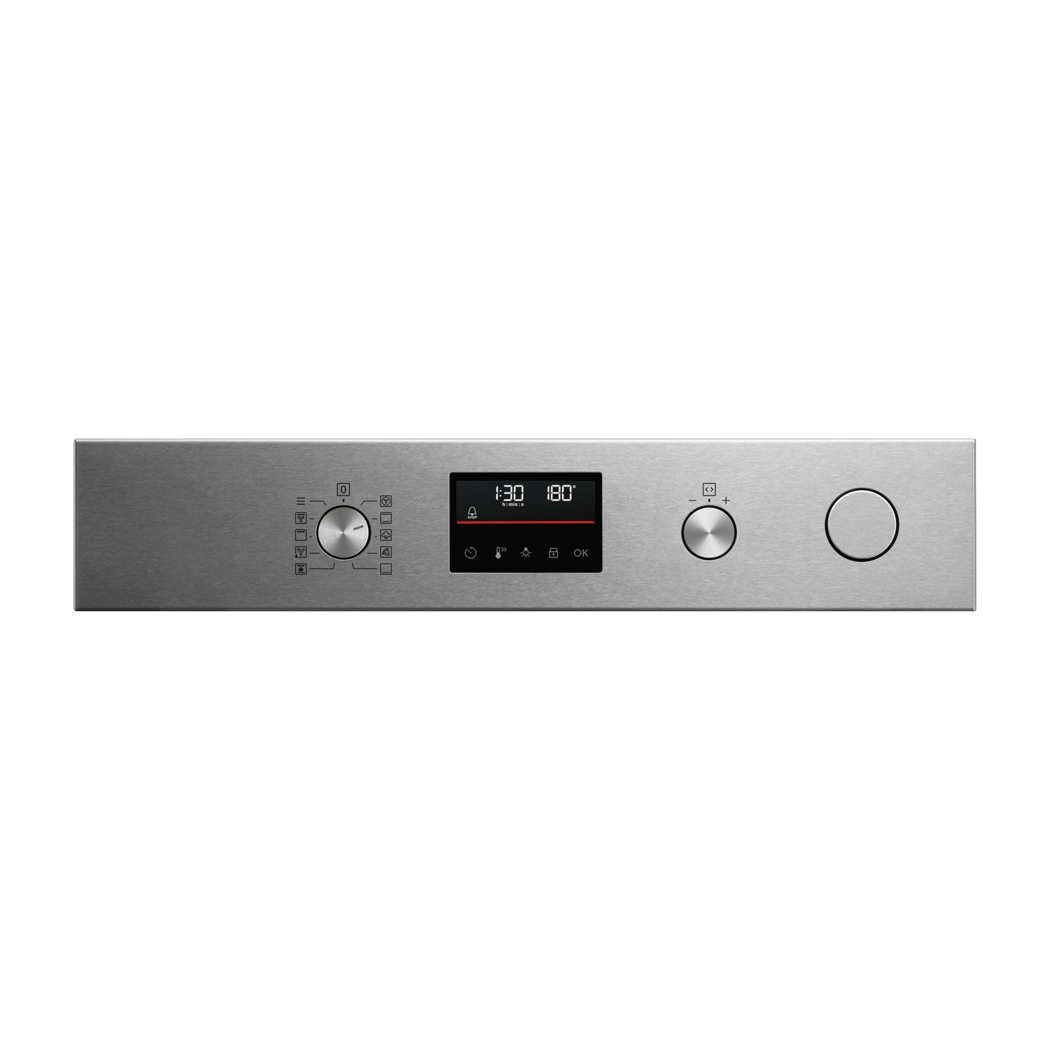 Pannello di controllo del forno in acciaio inox con display digitale, manopole e comandi a sfioramento.