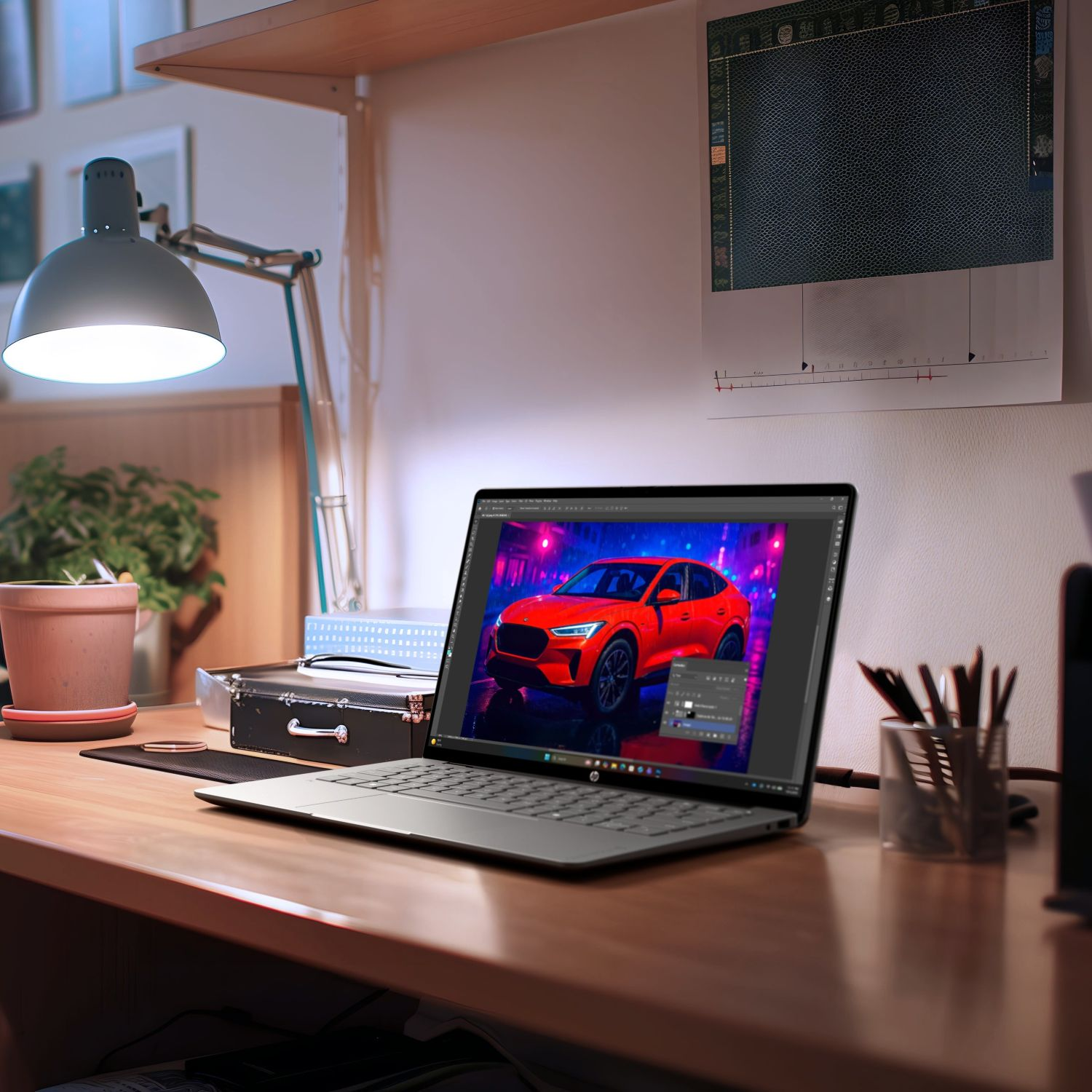 Un escritorio iluminado con una computadora portátil, una lámpara, una planta en maceta y un portalápices.