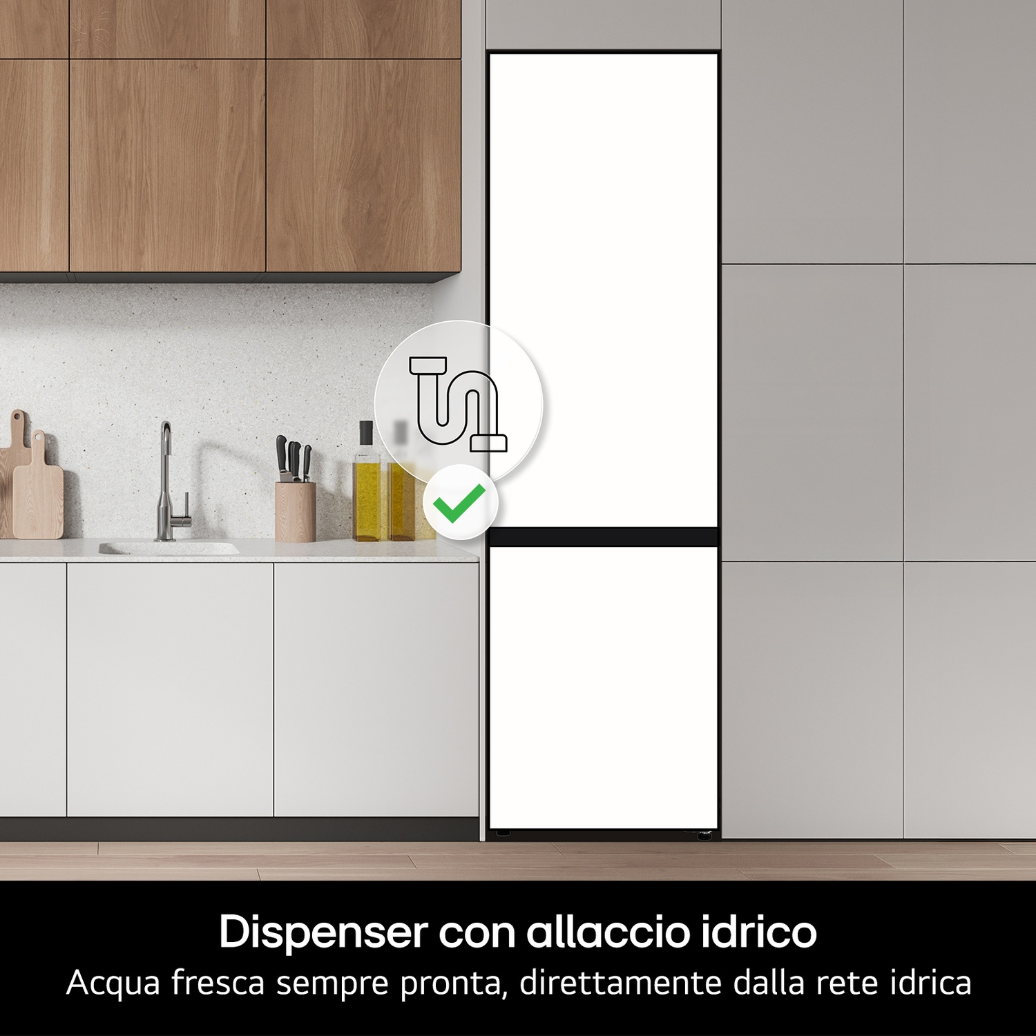 Cucina moderna con frigorifero a incasso, lavello e icona del dispenser d'acqua.
