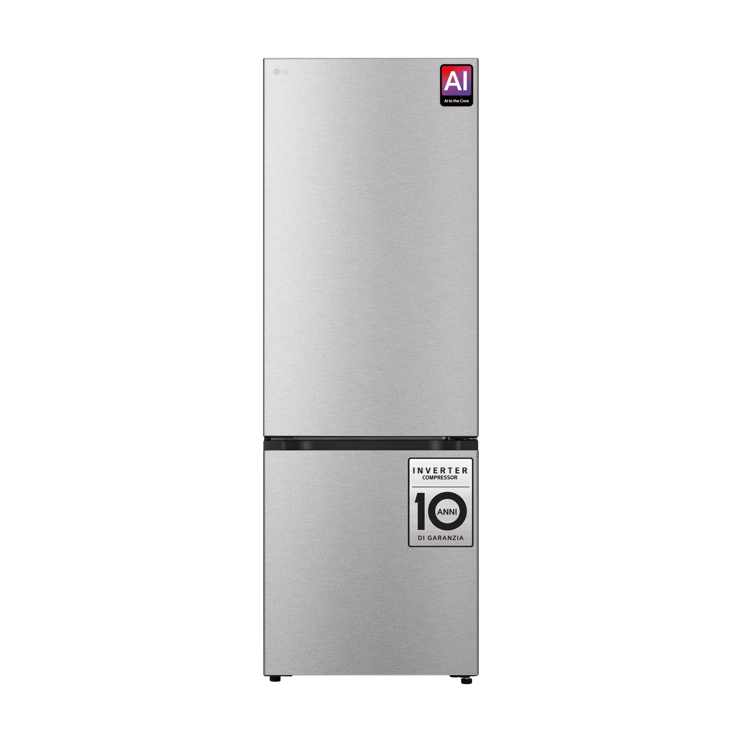 Un frigorifero LG silver combinato con etichette AI e 10 anni di garanzia sul compressore su sfondo bianco.