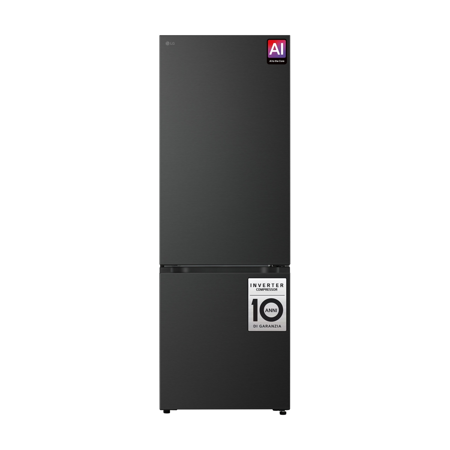Un frigorifero LG nero con compressore inverter e logo AI.