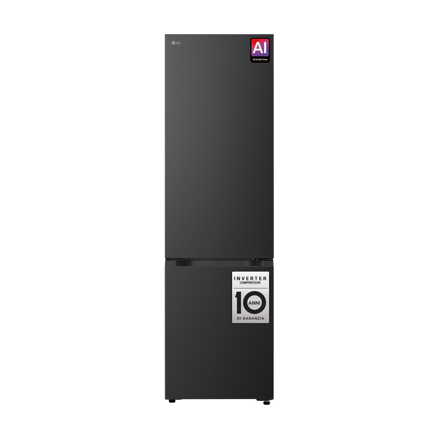 Un frigorifero LG nero con compressore inverter su sfondo bianco.