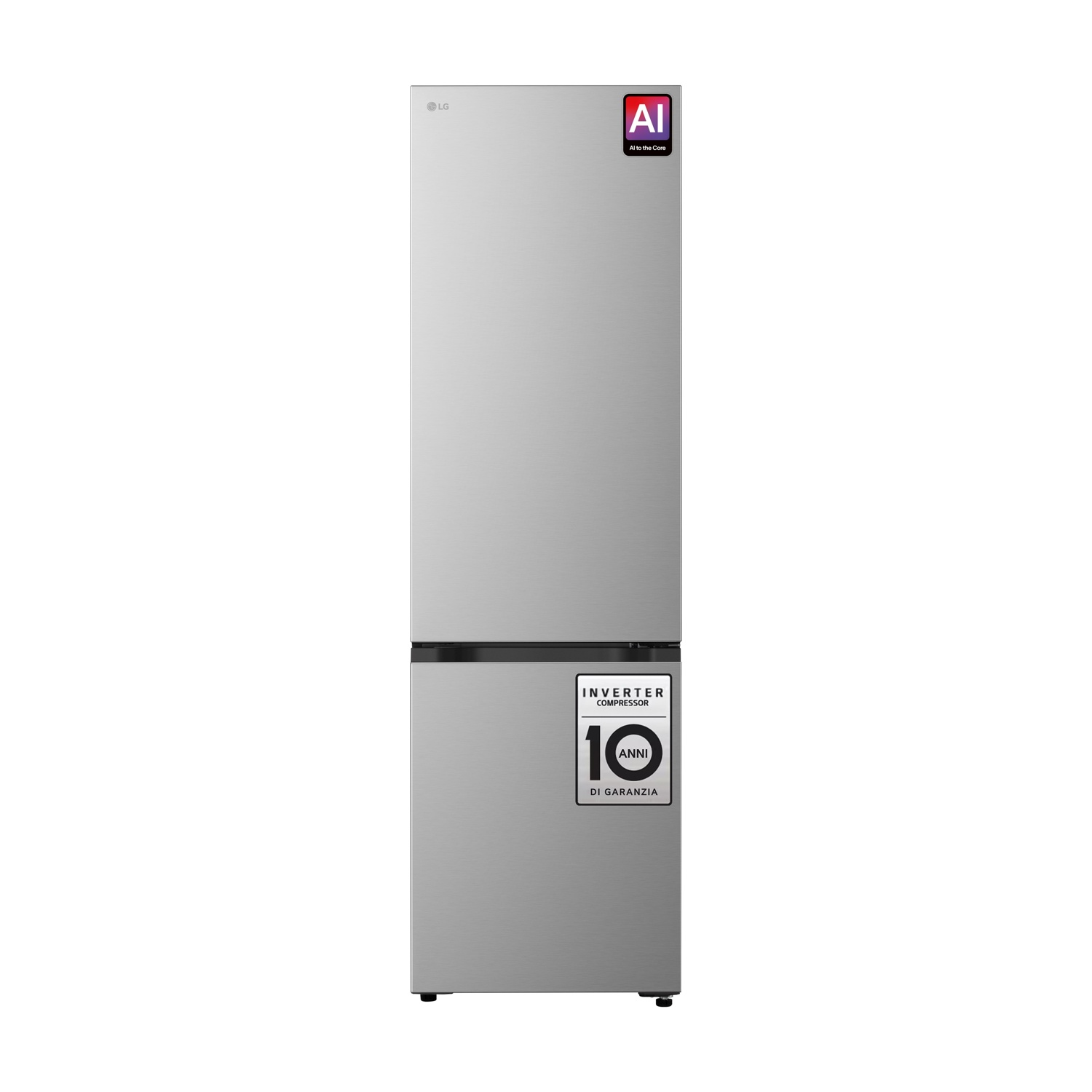 Un frigorifero LG grigio argento con congelatore inferiore, logo AI e garanzia di 10 anni sul compressore.