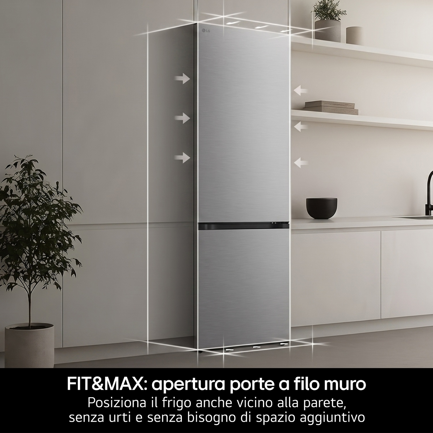 Un frigorifero LG argentato in una cucina moderna con mobili e mensole bianchi.