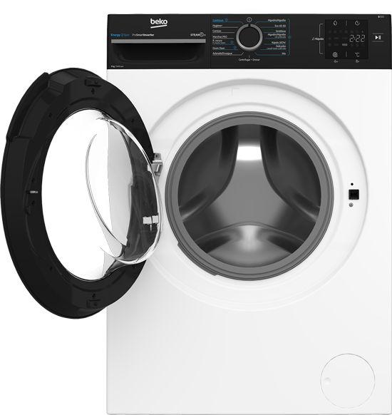 Lavadora Beko blanca con puerta de cristal negra abierta y panel digital.