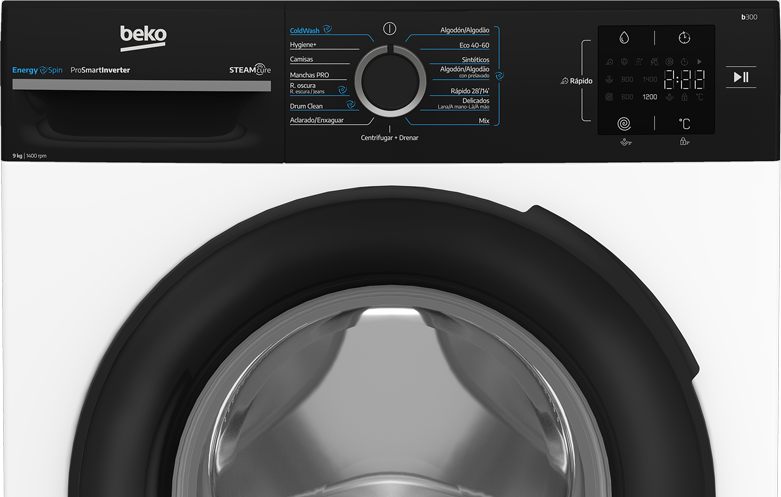 Vista frontal de una lavadora Beko blanca con panel de control negro, selector giratorio y pantalla digital.