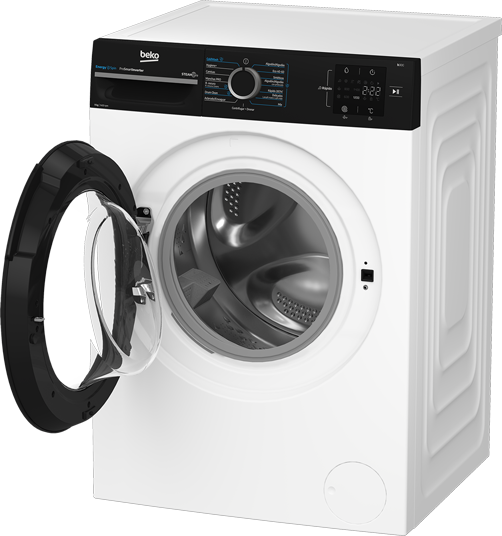 Una lavadora blanca Beko con puerta abierta, panel de control negro y pantalla digital.