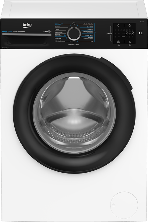 Una lavadora blanca Beko con panel de control negro y puerta redonda de cristal.
