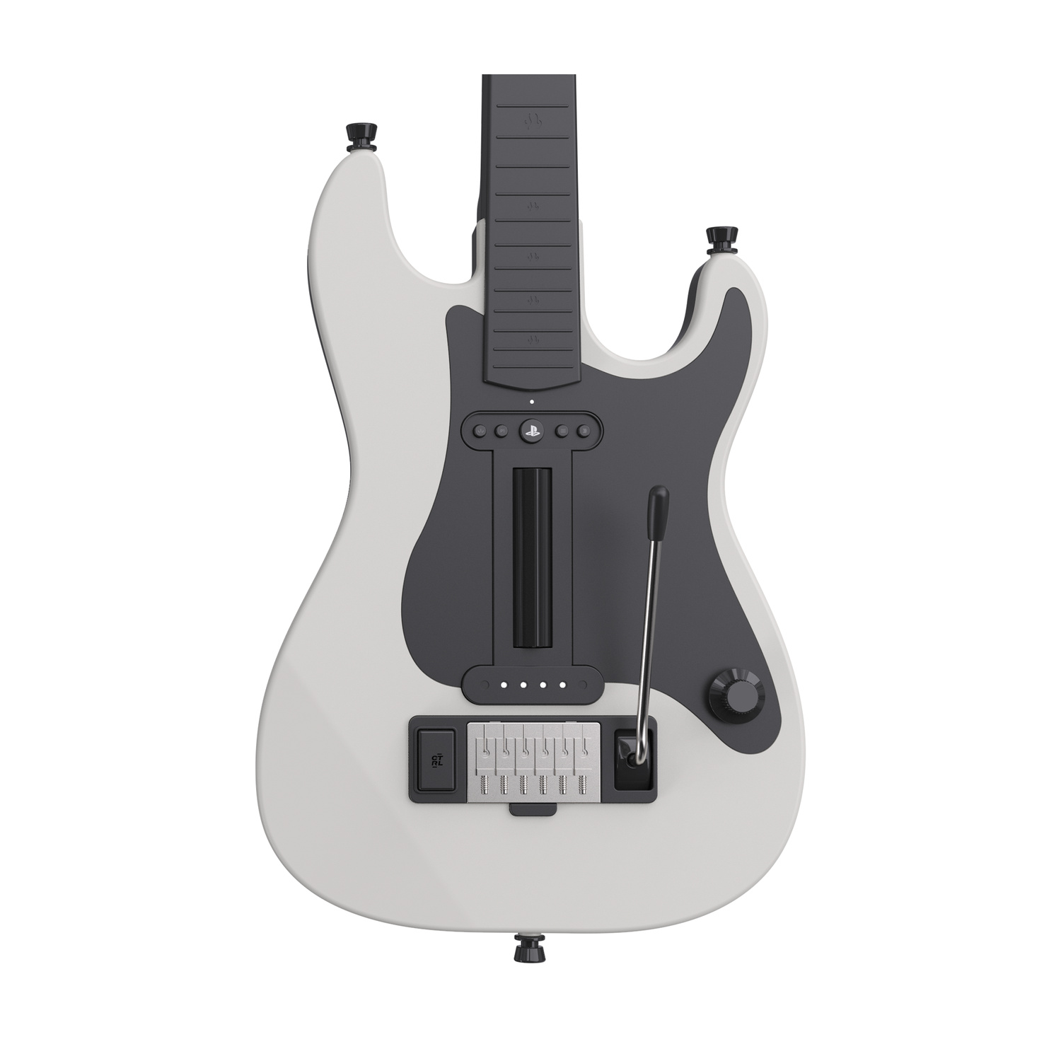 Una chitarra per videogiochi bianca con battipenna nero e pulsanti integrati su sfondo bianco.