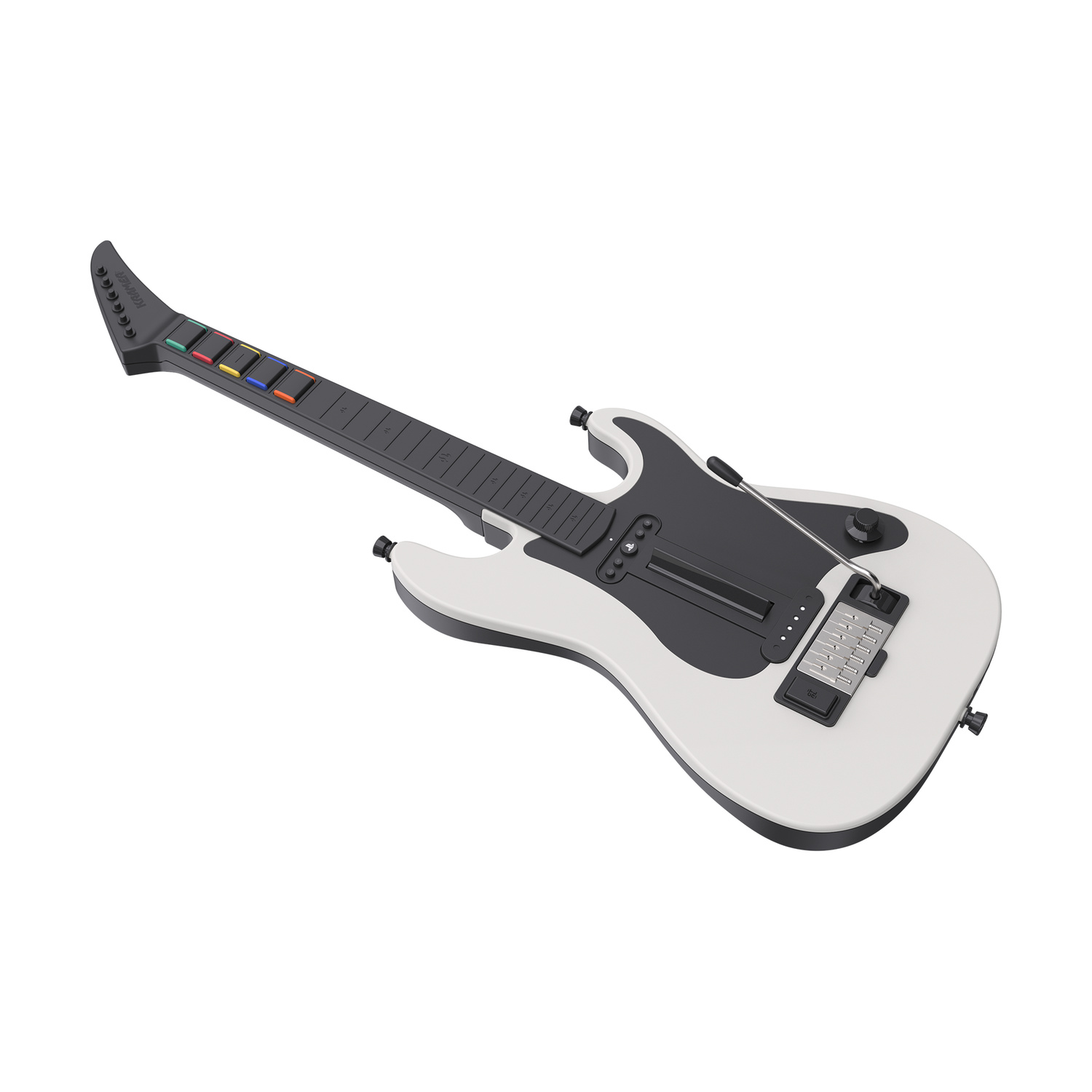 Un controller per chitarra per videogiochi bianco e nero con tasti colorati.