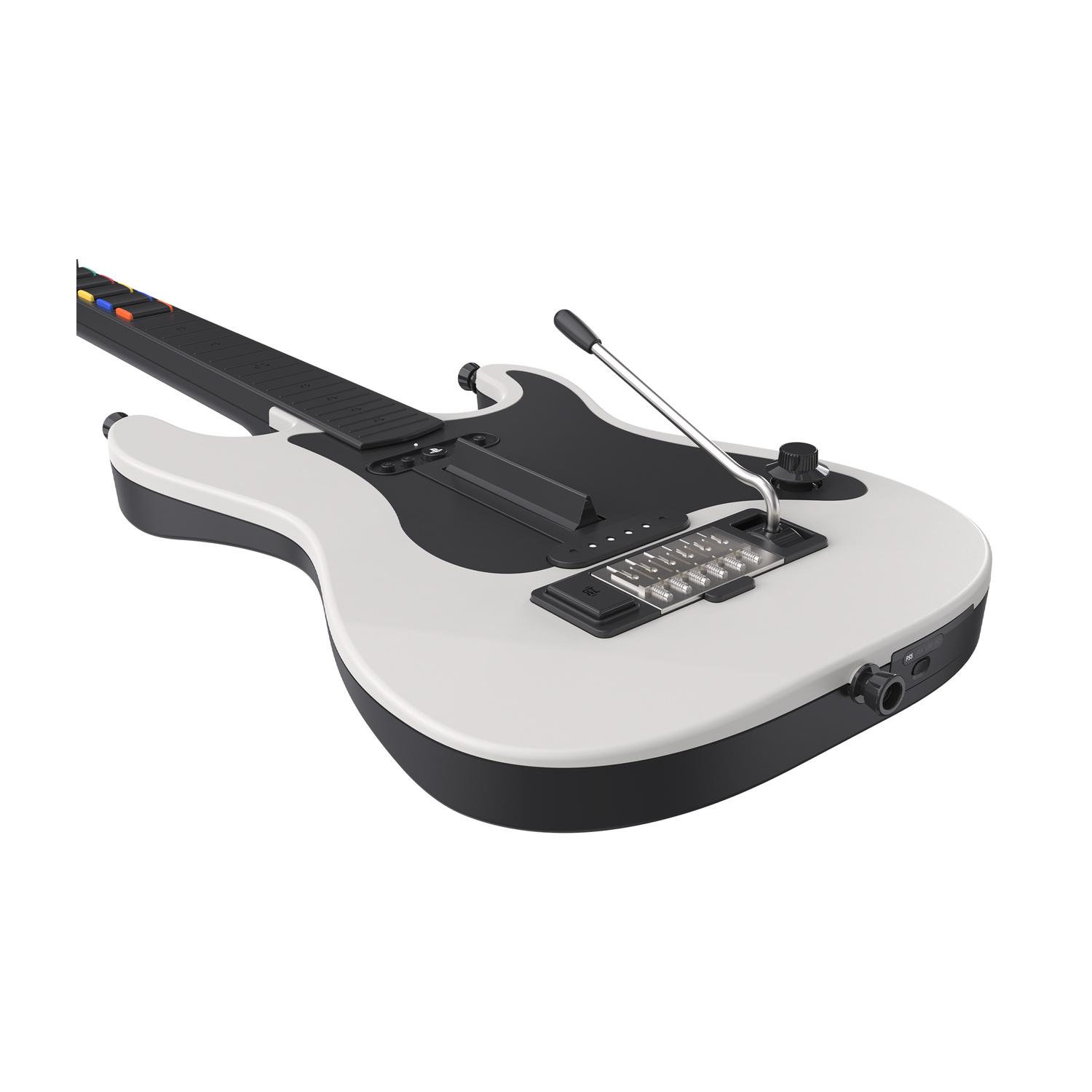 Una chitarra giocattolo in plastica bianca e nera con tasti colorati e una leva del vibrato.