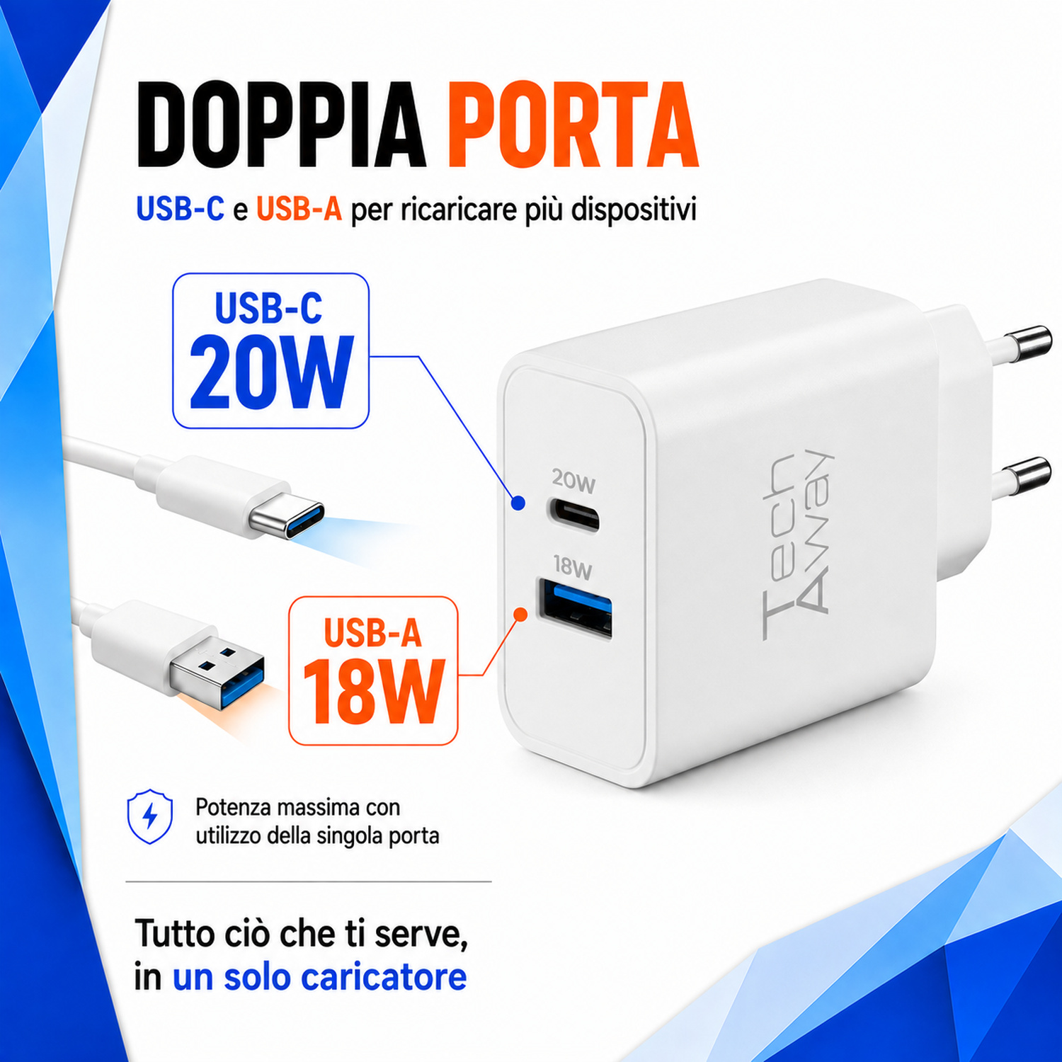 Caricatore USB bianco con una porta USB-C da 20W e una porta USB-A da 18W.