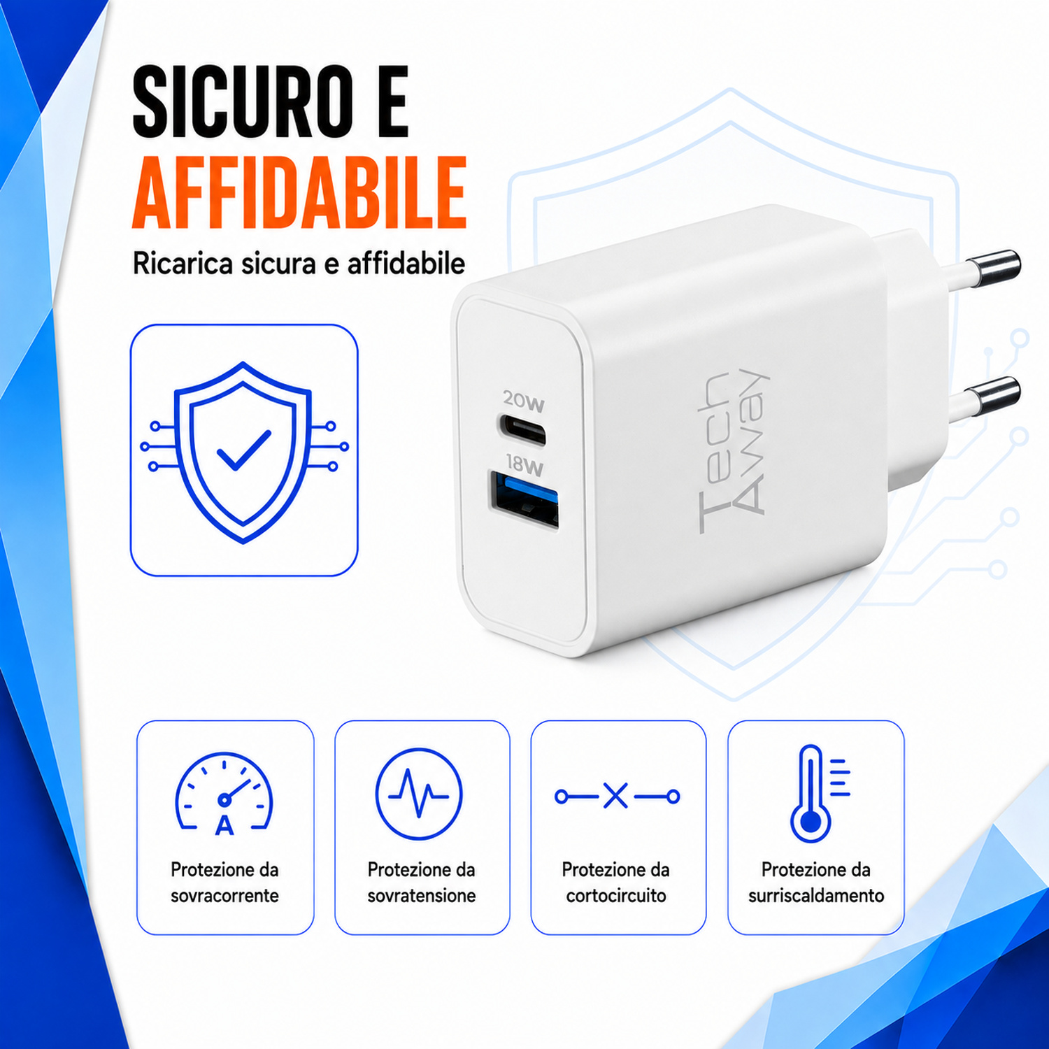 Caricabatterie da muro USB a doppia porta Tech Away bianco con icone di sicurezza su sfondo blu e bianco.