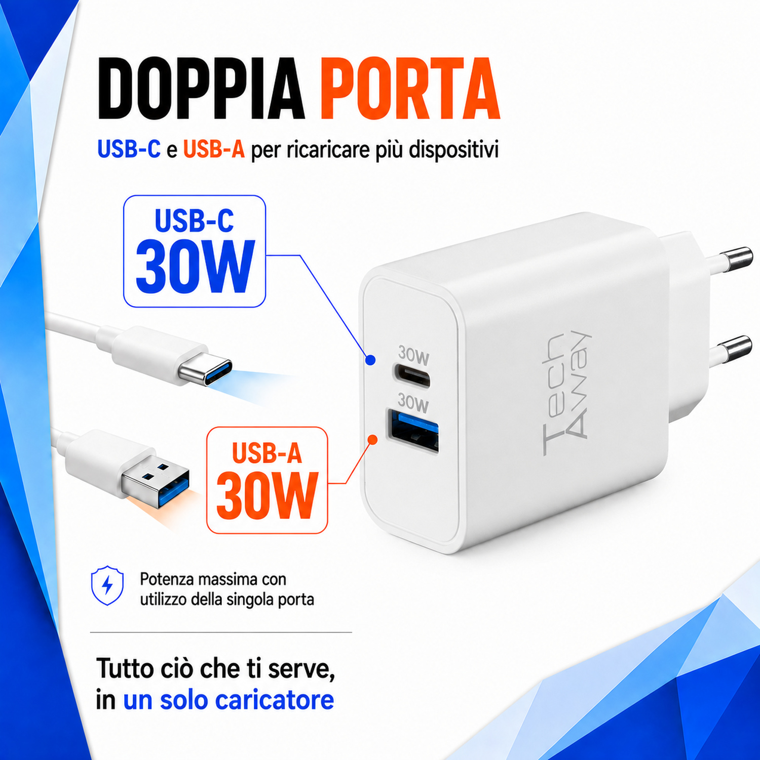 Caricabatterie da muro bianco a doppia porta USB-C e USB-A da 30W con cavi.
