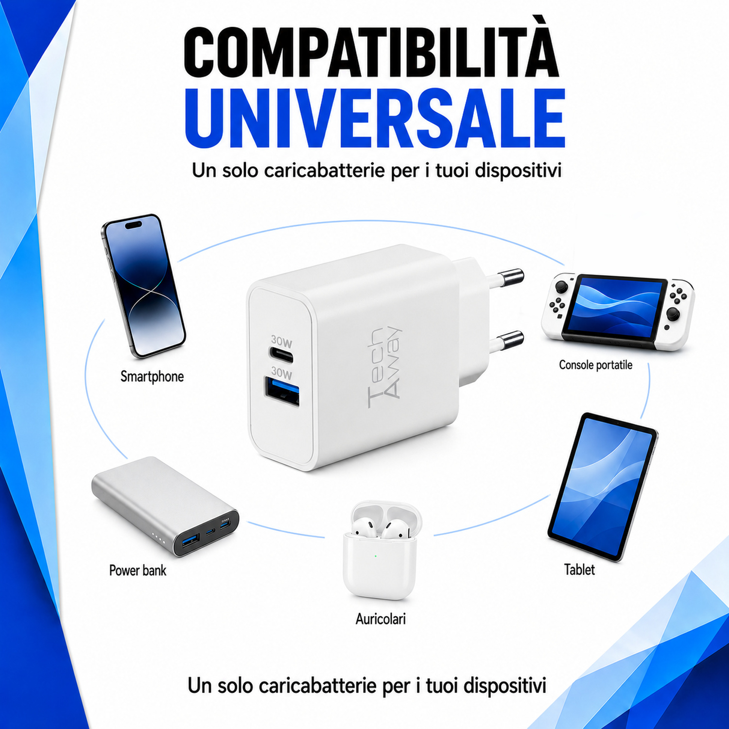 Un caricabatterie USB-C bianco da 30W circondato da smartphone, power bank, auricolari, tablet e console portatile.