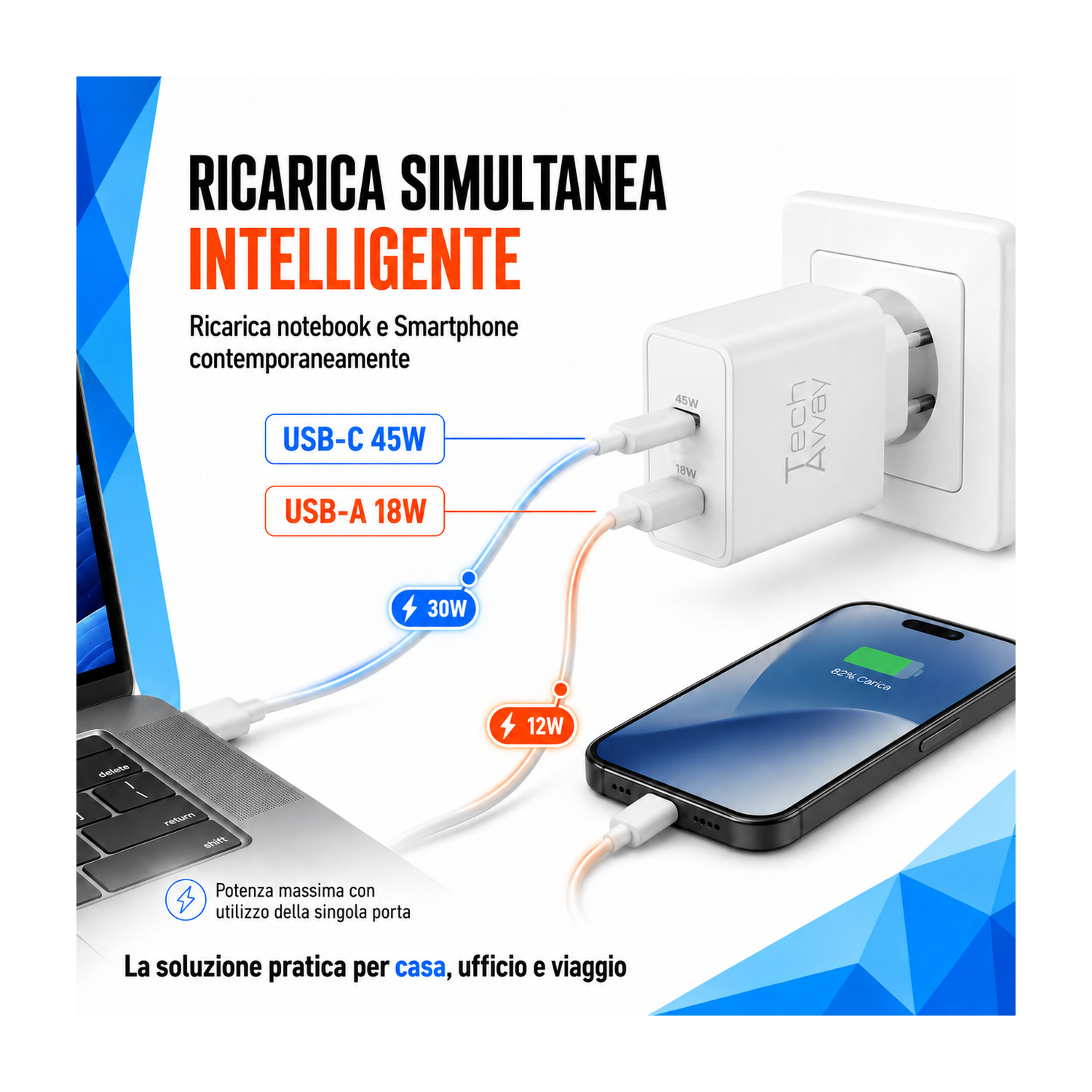 Caricabatterie da muro con porte USB-C e USB-A che carica contemporaneamente laptop e smartphone.