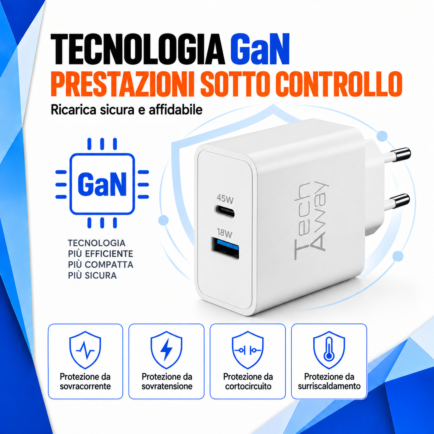 Un caricatore da muro GaN bianco con porte USB-C e USB e icone di sicurezza.