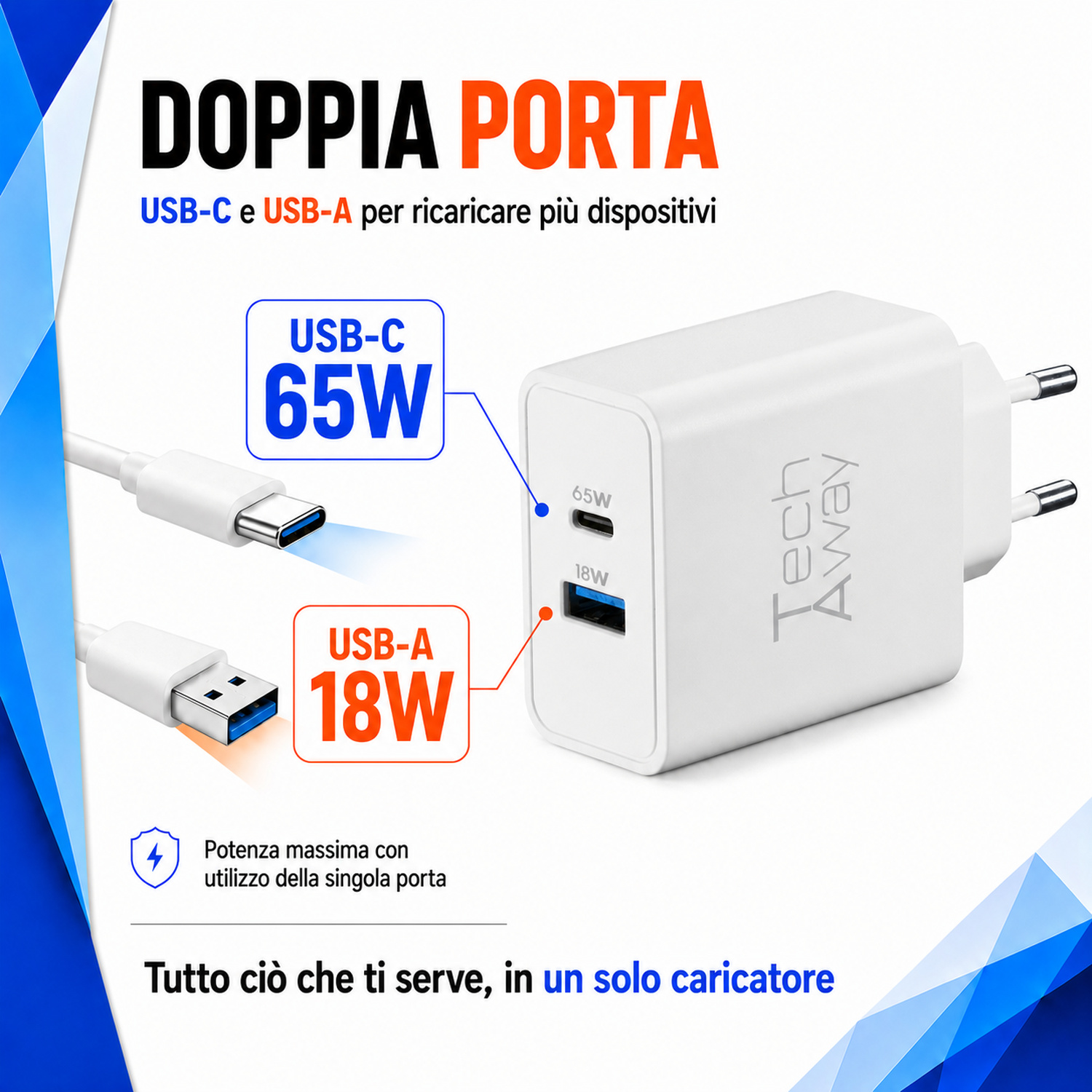 Caricatore USB bianco Tech Away con una porta USB-C da 65W e una USB-A da 18W.
