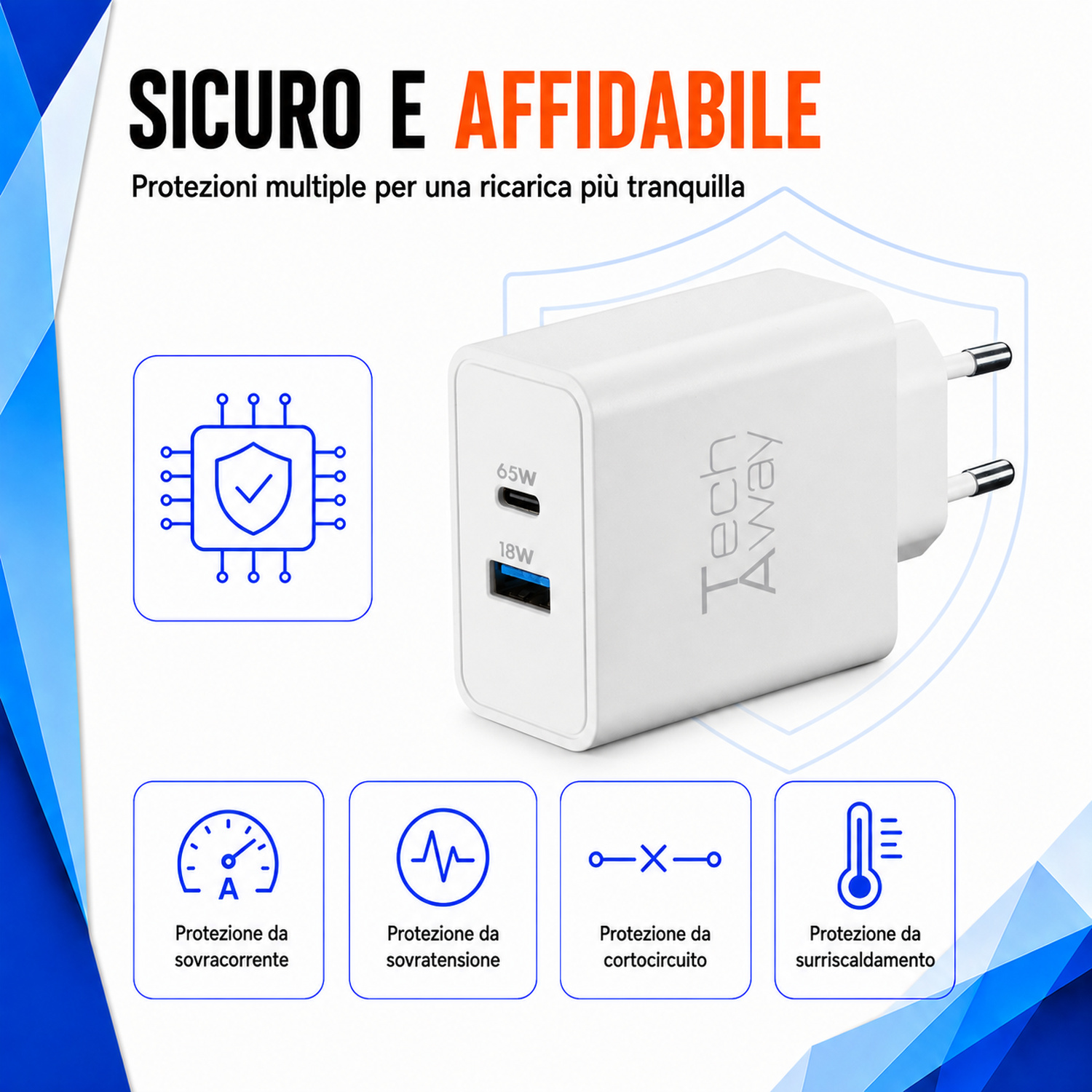 Un caricabatterie da muro USB bianco Tech Away con doppia porta e icone di sicurezza.