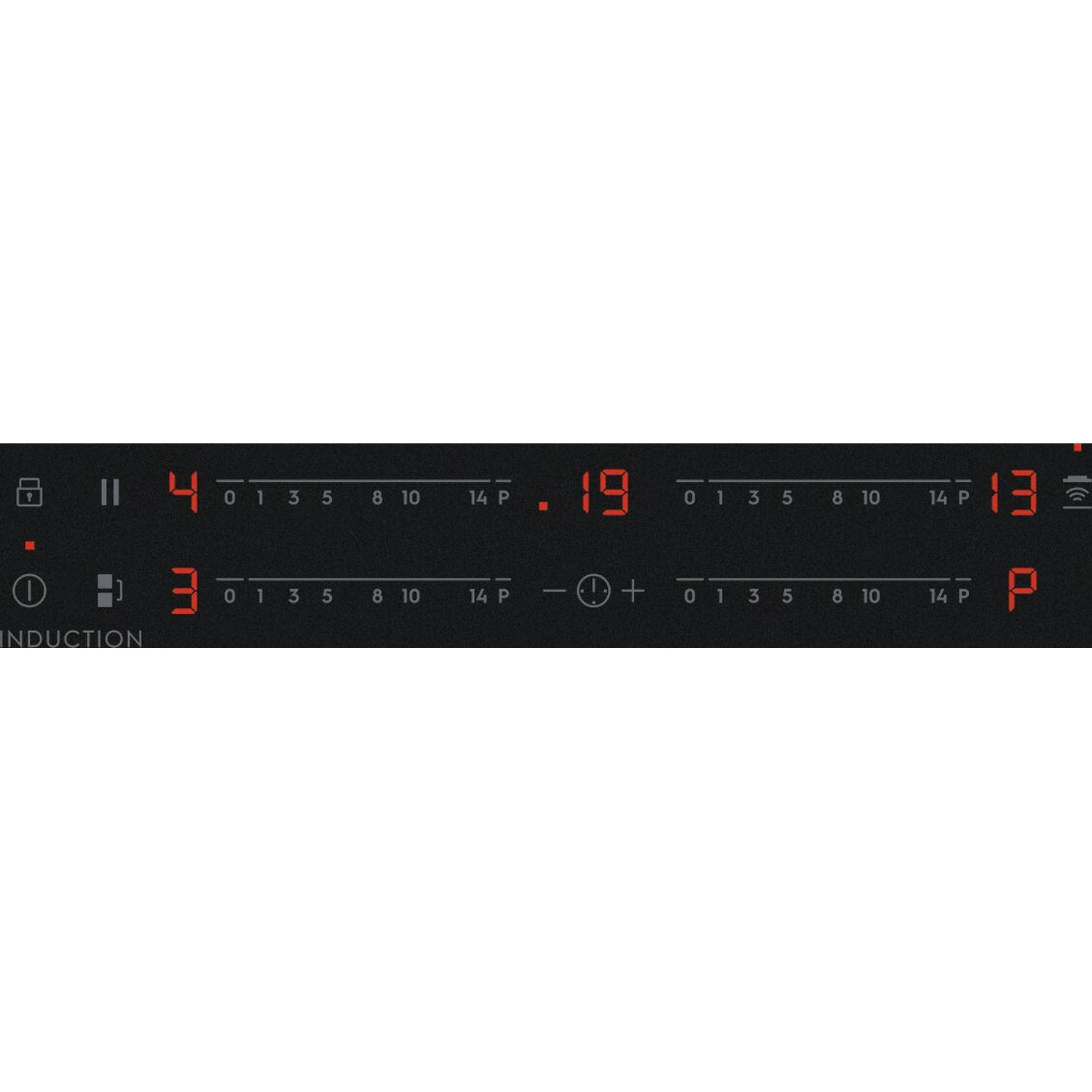 Piano cottura a induzione nero con display digitali rossi luminosi e comandi a sfioramento.