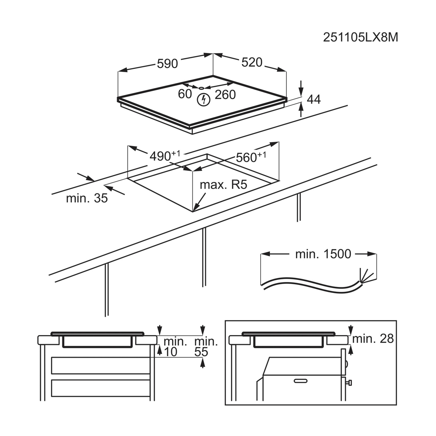 Disegno tecnico di un'installazione di piano cottura a induzione con misure in millimetri.