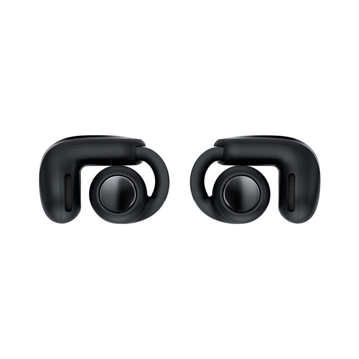 Zwei schwarze Open-Ear-Kopfhörer mit abgerundetem Design auf weißem Hintergrund.