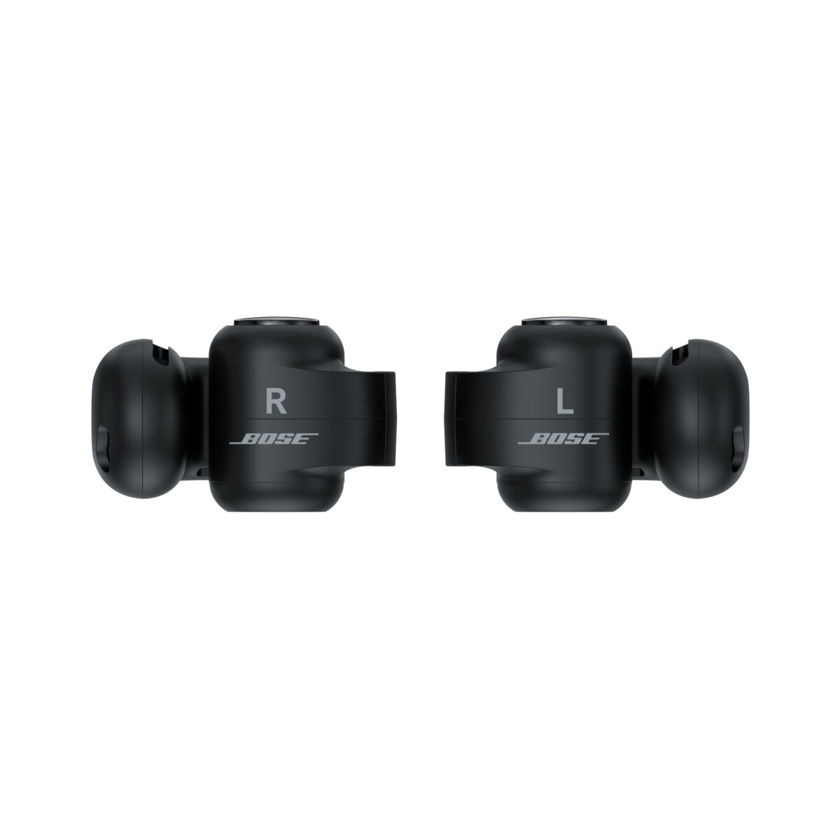 Zwei schwarze Bose In-Ear-Kopfhörer mit R- und L-Kennzeichnung auf weißem Hintergrund.