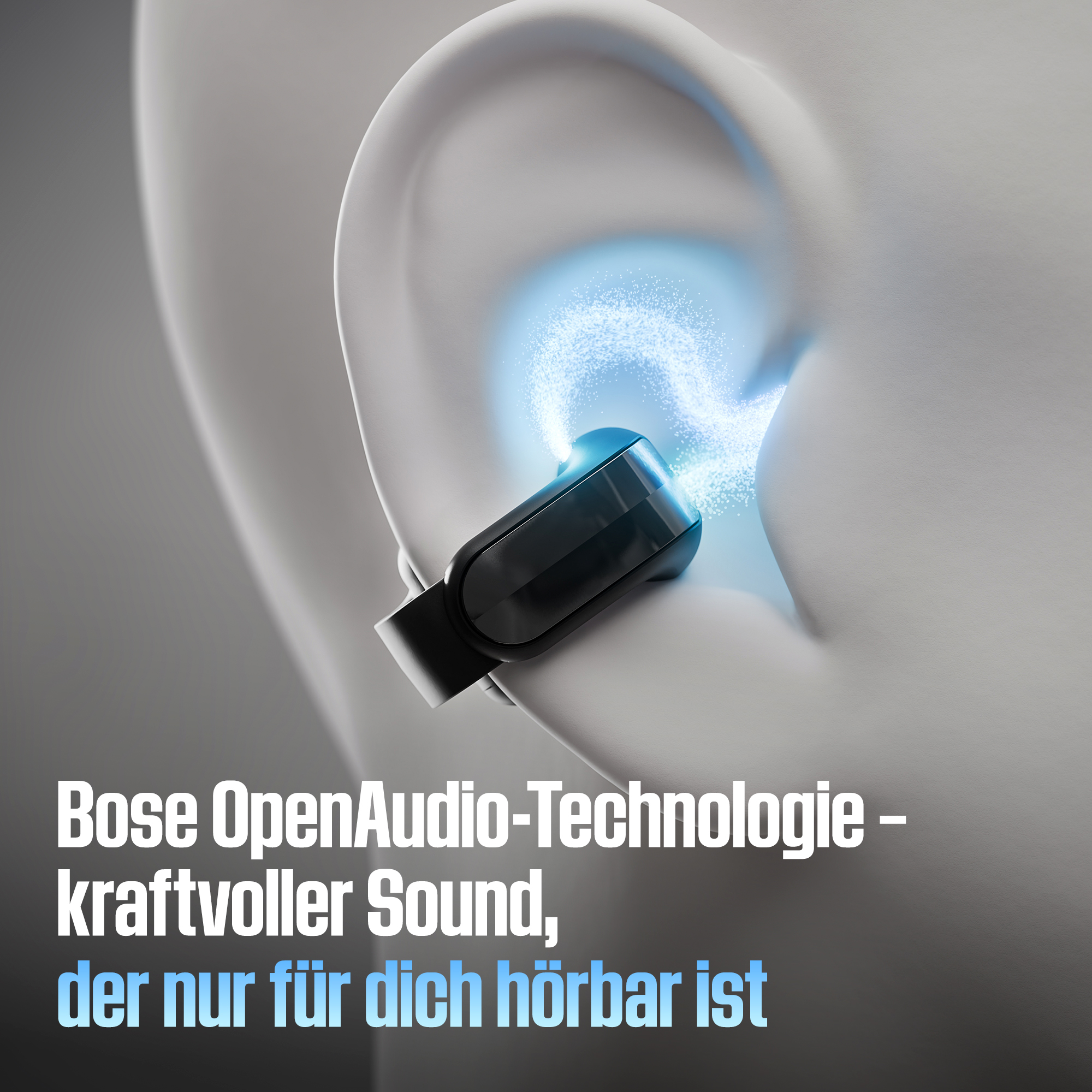 Schwarzer Kopfhörer an einem weißen Ohr mit blauem Lichteffekt und Text.