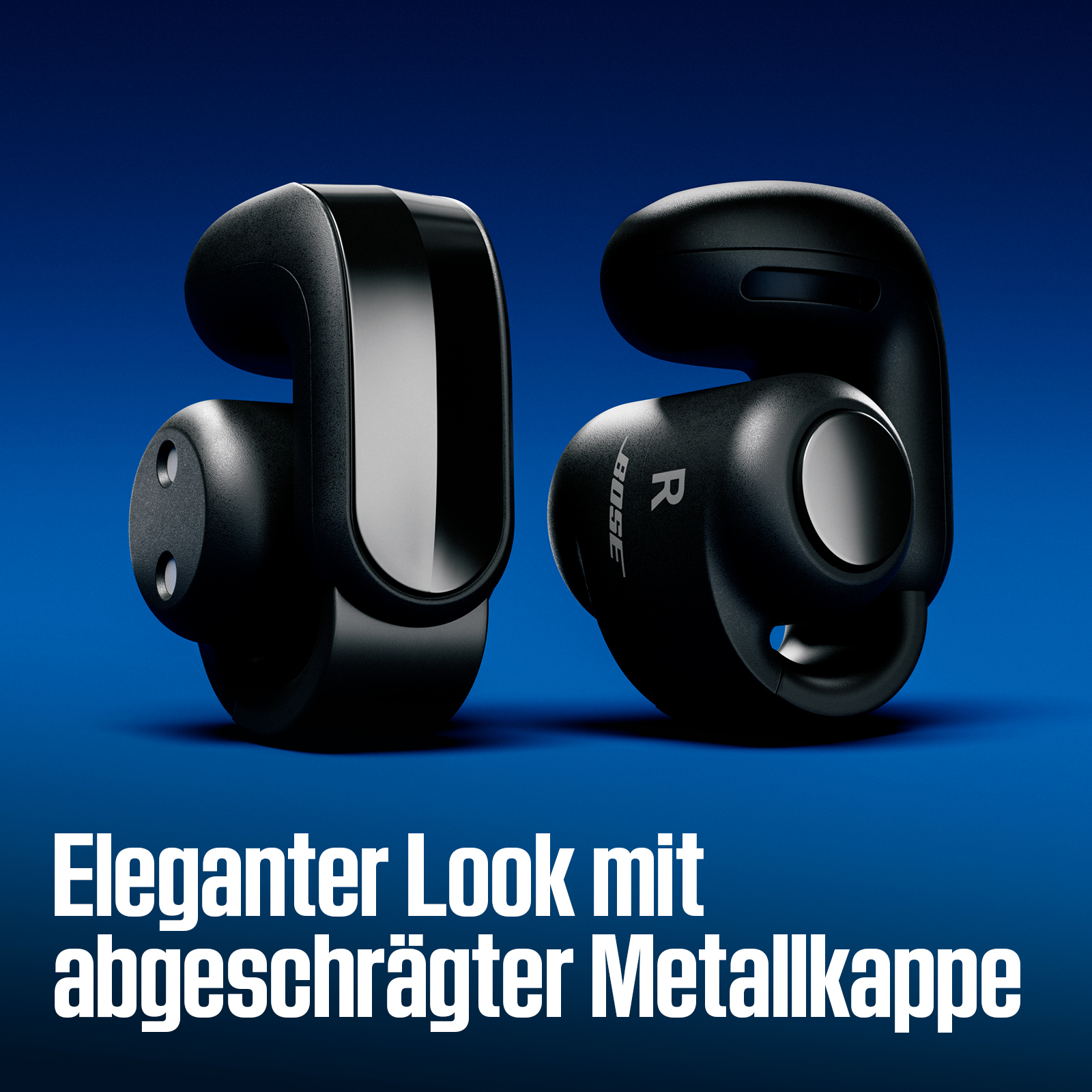Zwei schwarze Ohrhörer auf blauem Hintergrund mit Text unten.