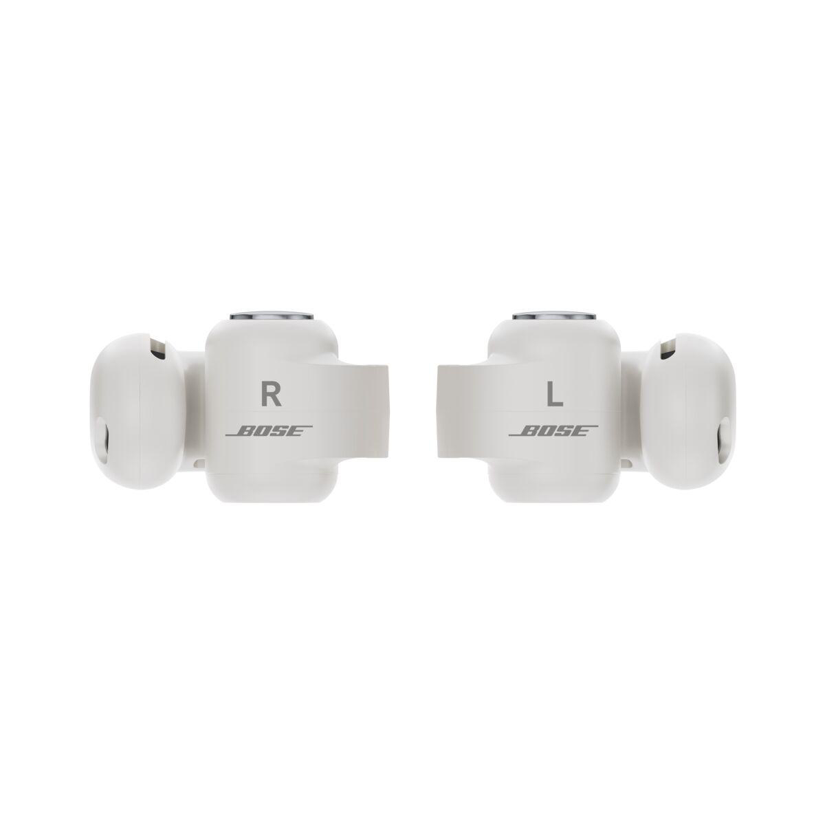 Weiße Bose-In-Ear-Kopfhörer mit R- und L-Kennzeichnung auf einem rein weißen Hintergrund.