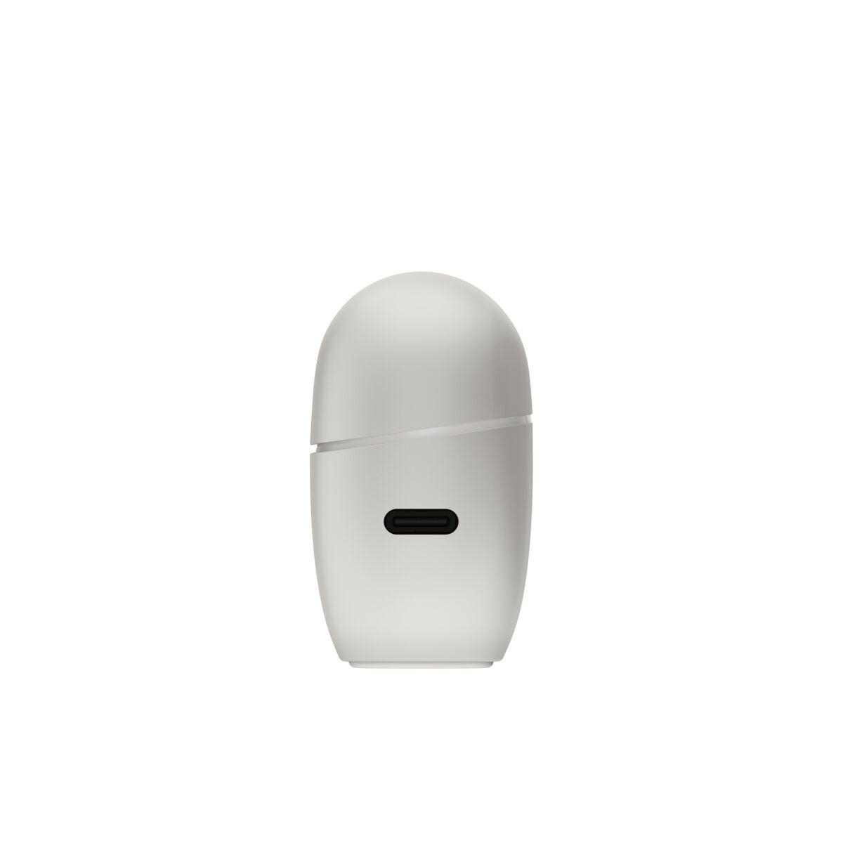 Ein glattes, graues, ei-förmiges Gerät mit einem kleinen schwarzen USB-C-Anschluss vorne.