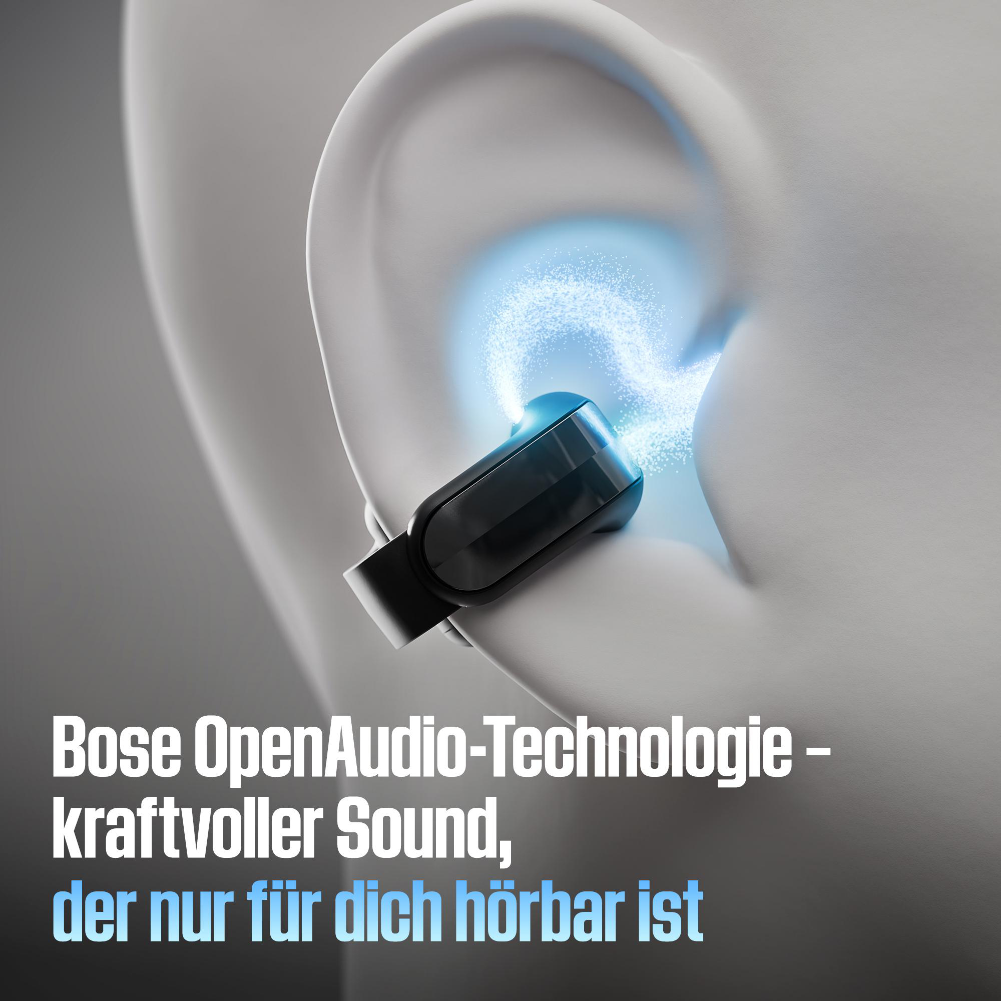 Ein schwarzer Kopfhörer sitzt in einem weißen Ohr, mit blauem Lichteffekt und deutschem Werbetext.
