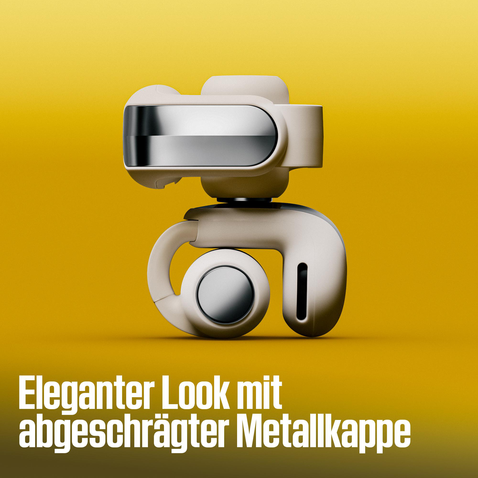 Ein beiges Robotikgerät mit poliertem Metallvisier vor gelbem Hintergrund mit deutschem Text.