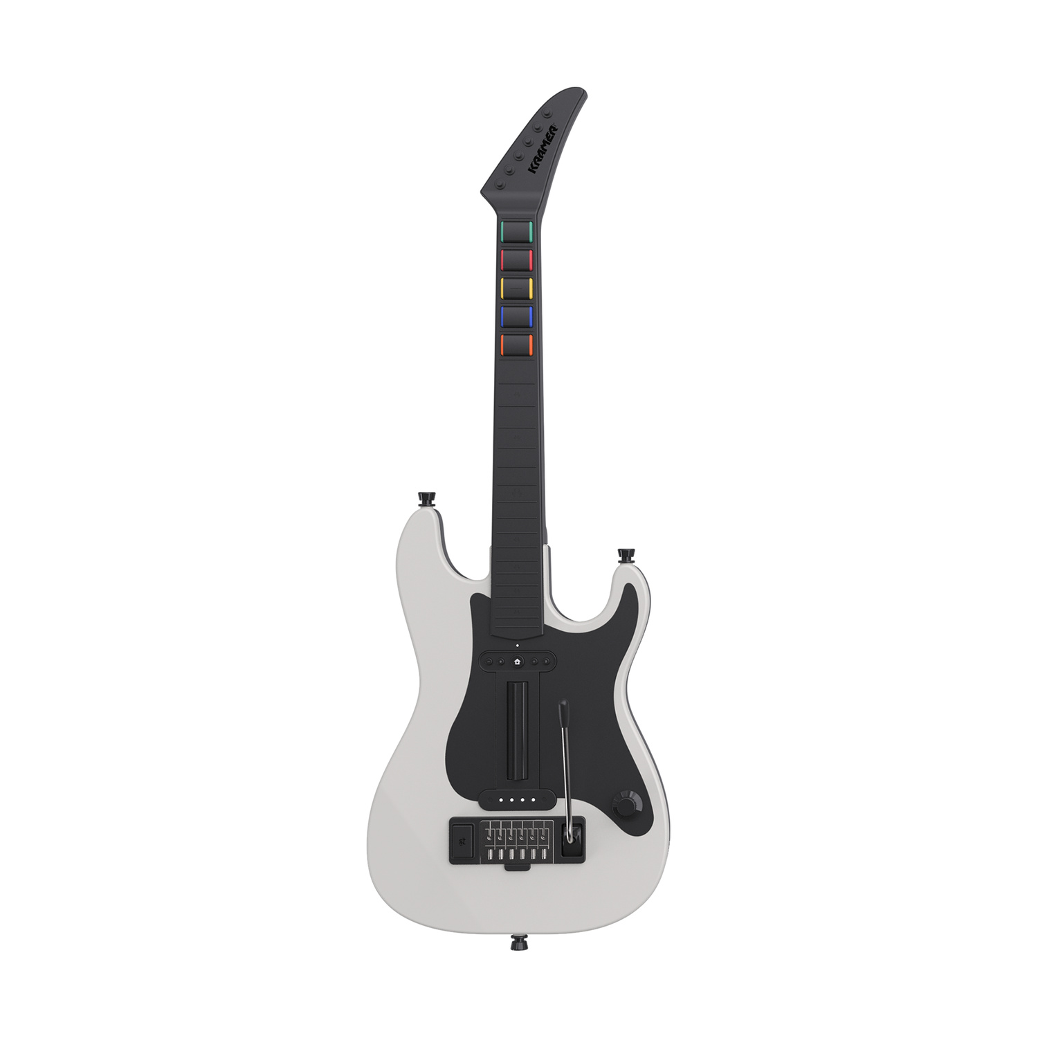 Un controller per chitarra per videogiochi Kramer bianco con dettagli neri e tasti colorati su sfondo bianco.