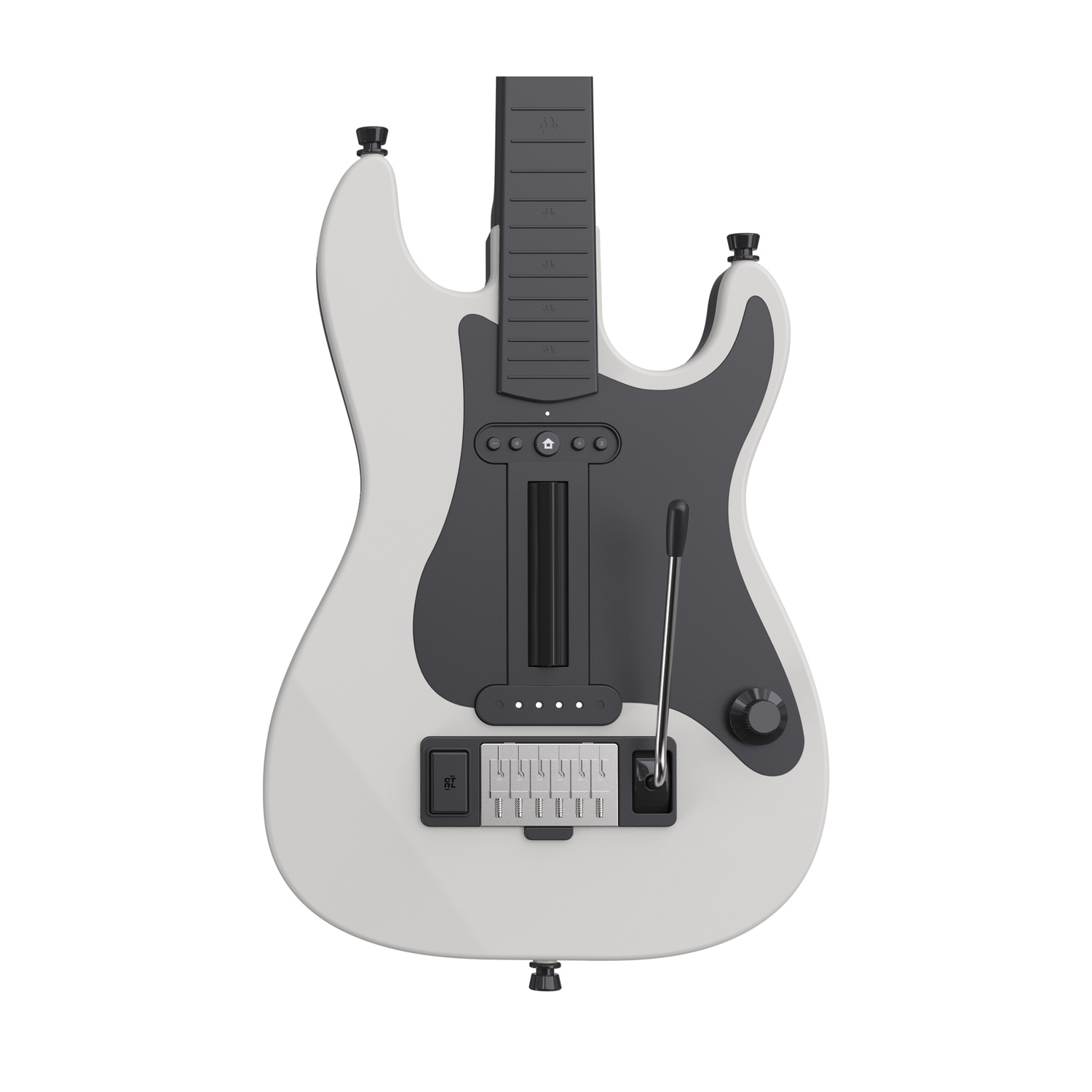 Una chitarra elettrica bianca e nera con pulsanti e una leva su sfondo bianco.