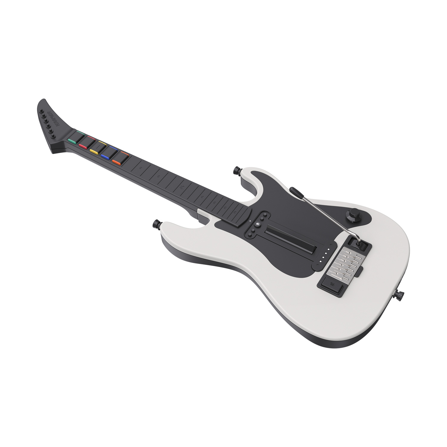 Una chitarra controller per Guitar Hero bianca e nera con tasti colorati, isolata su sfondo bianco.