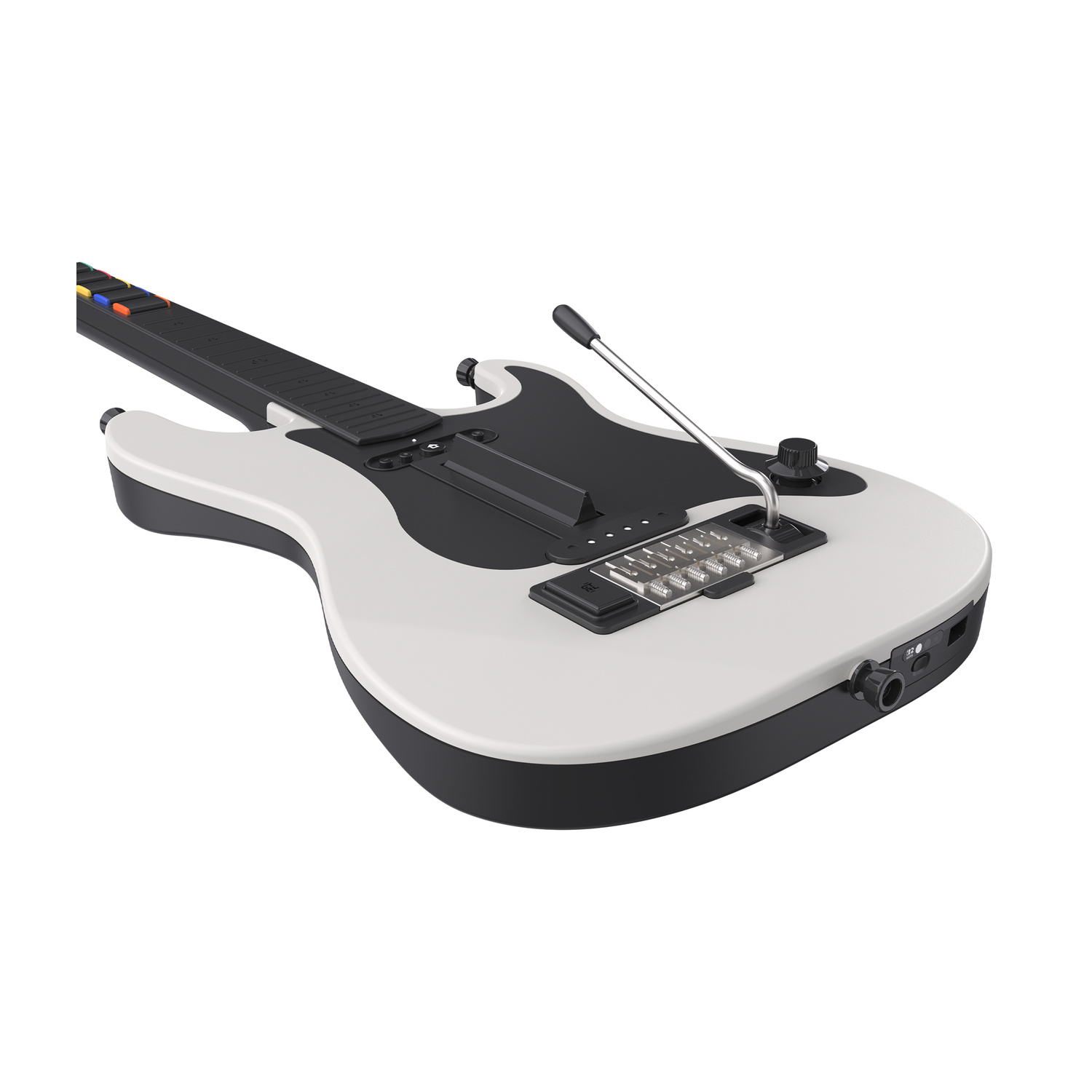 Controller per chitarra bianco e nero con tasti colorati sul manico e leva del vibrato.