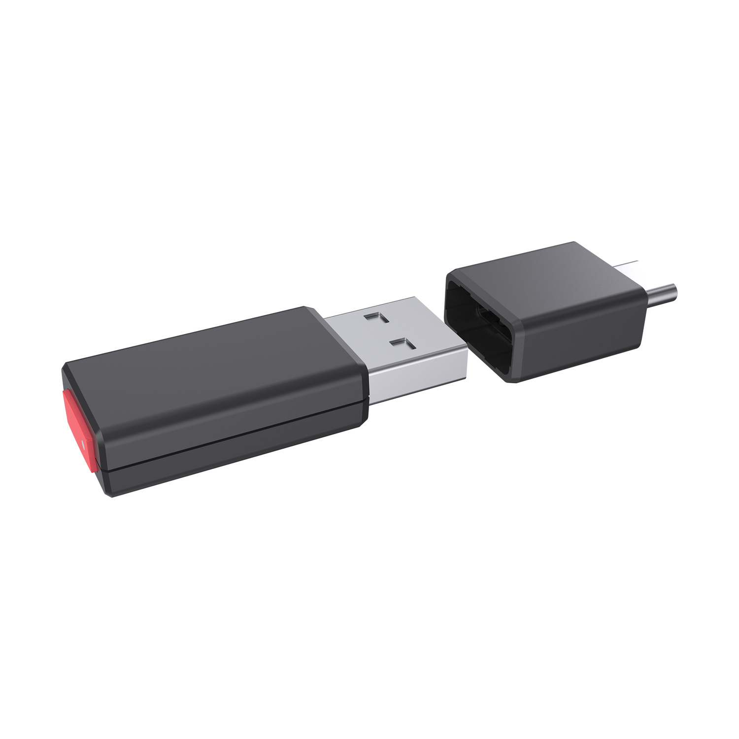 Una chiavetta USB nera con connettore argentato e cappuccio protettivo rimovibile su sfondo bianco.