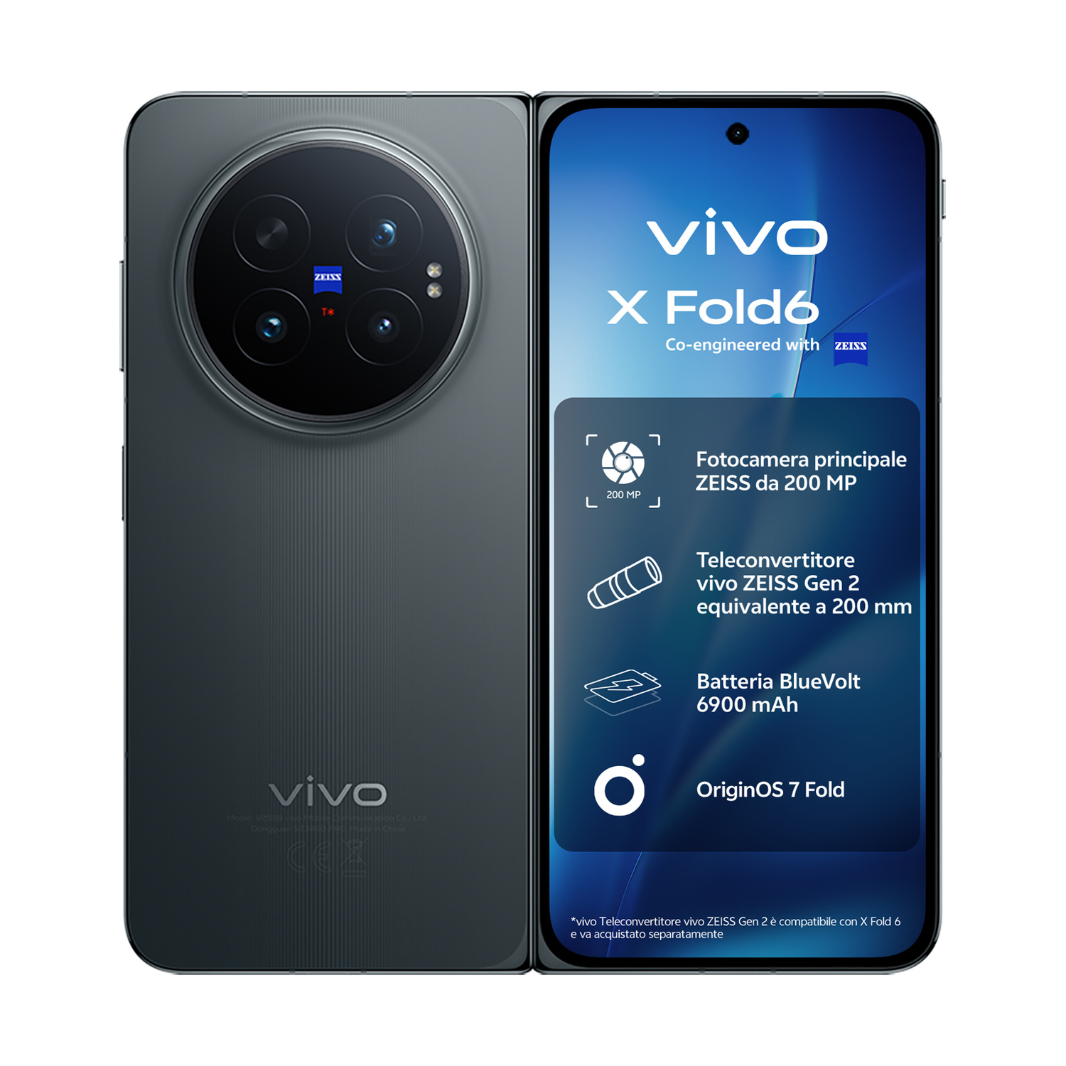 Smartphone grigio vivo X Fold6 con retro e fotocamera circolare a sinistra, schermo attivo a destra.