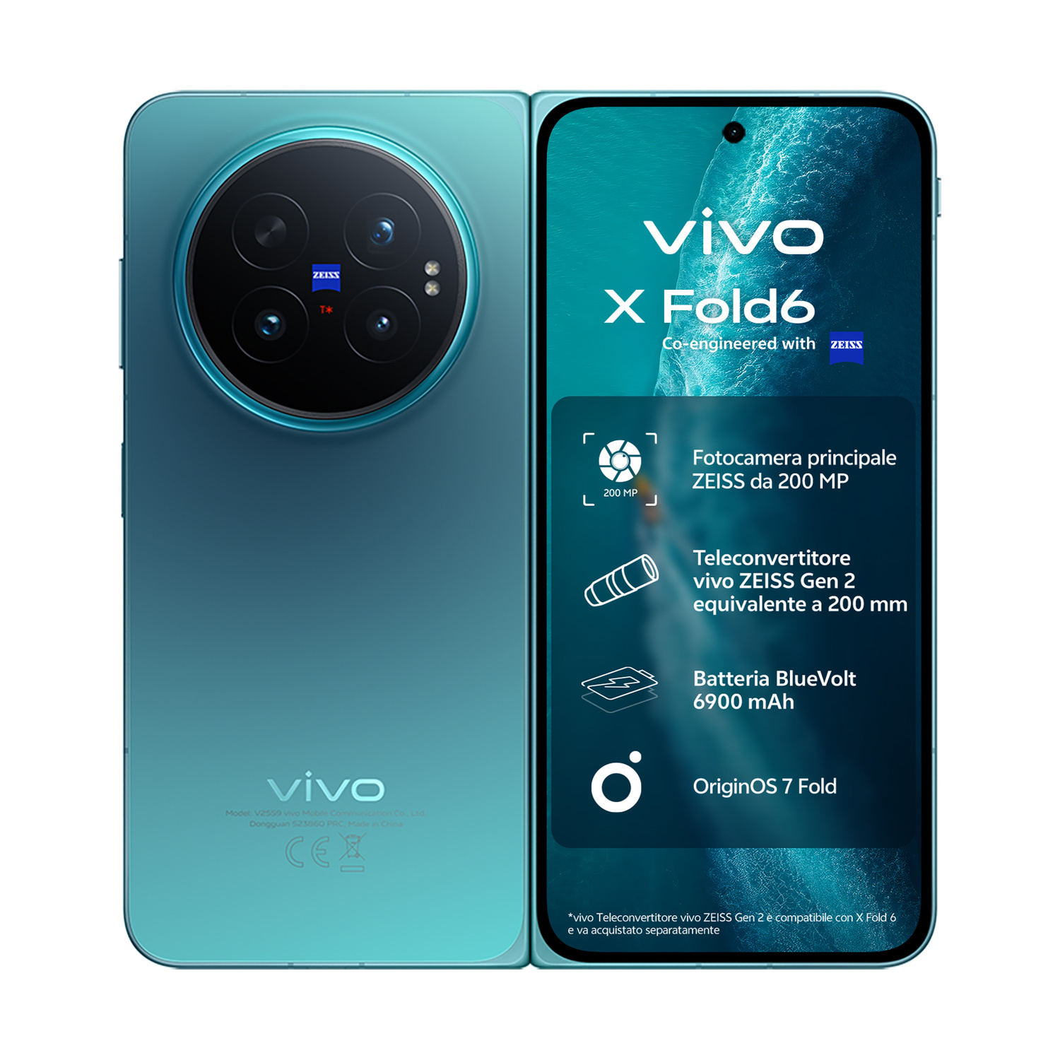 Smartphone pieghevole vivo X Fold6 blu turchese con grande modulo fotografico rotondo sul retro.