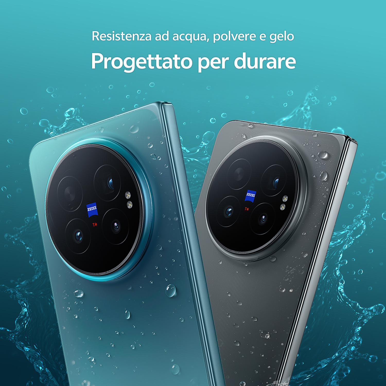 Due smartphone con grandi moduli fotografici circolari nell'acqua.