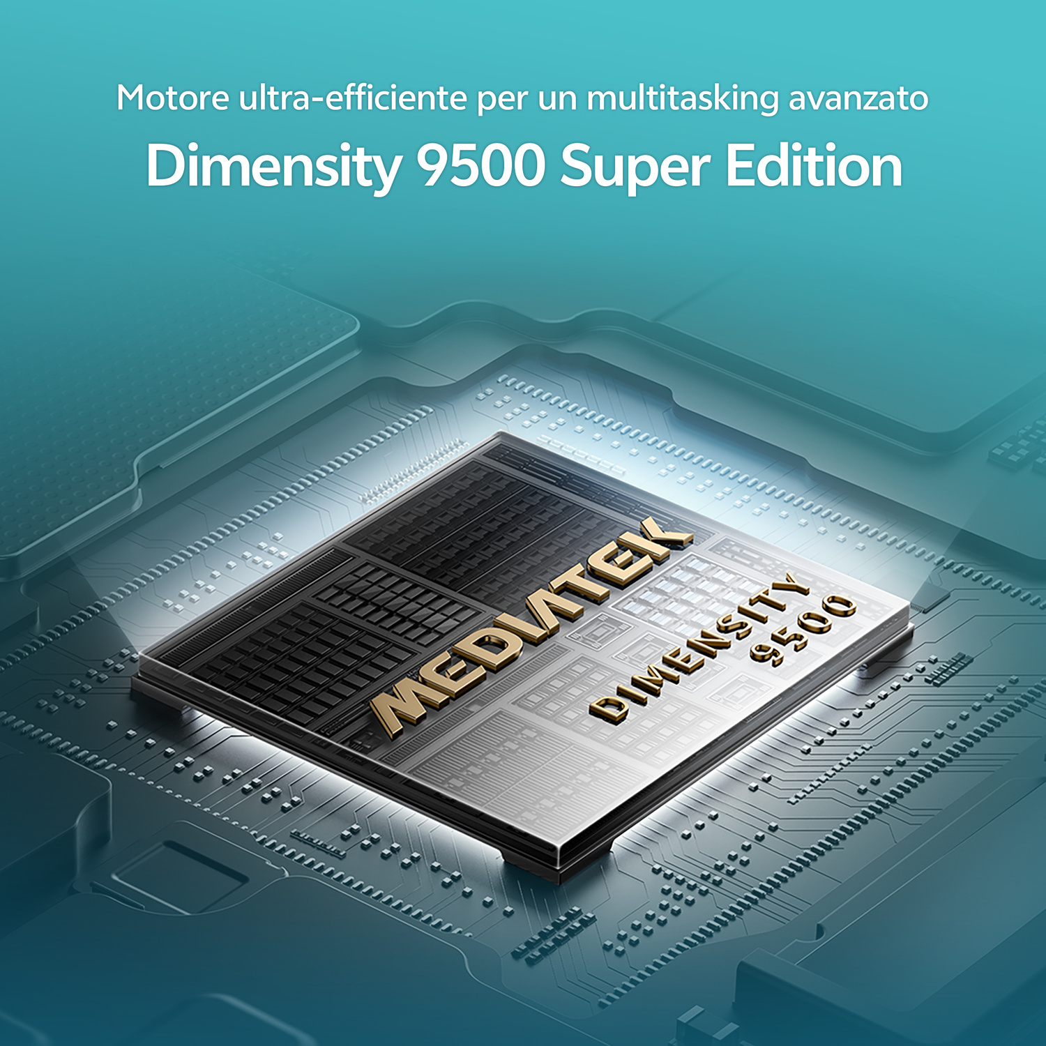 Scritta dorata MediaTek Dimensity 9500 su un processore su sfondo turchese.