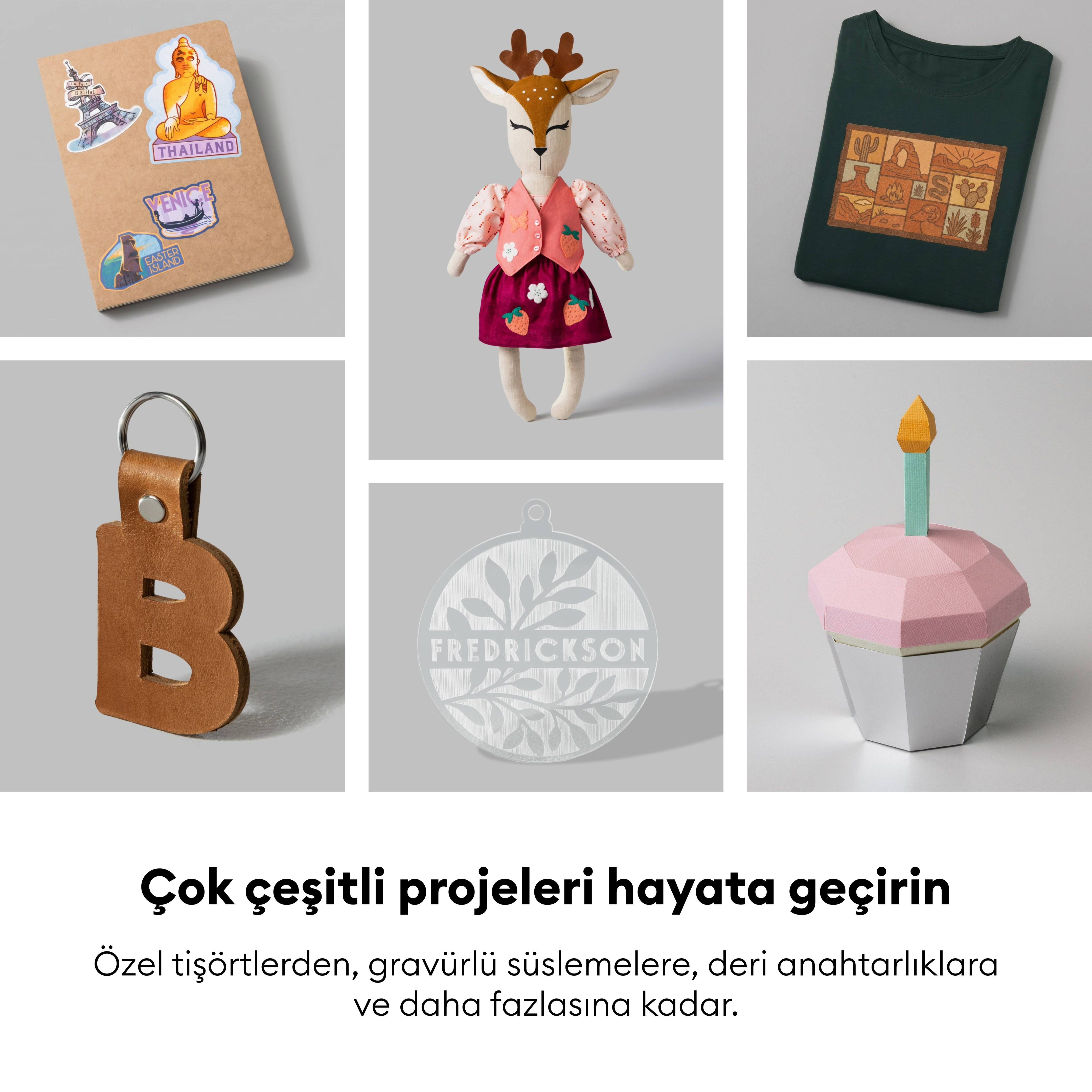 Çıkartmalar, peluş geyik, baskılı tişört, deri anahtarlık ve kağıt cupcake gibi çeşitli el yapımı ürünler.