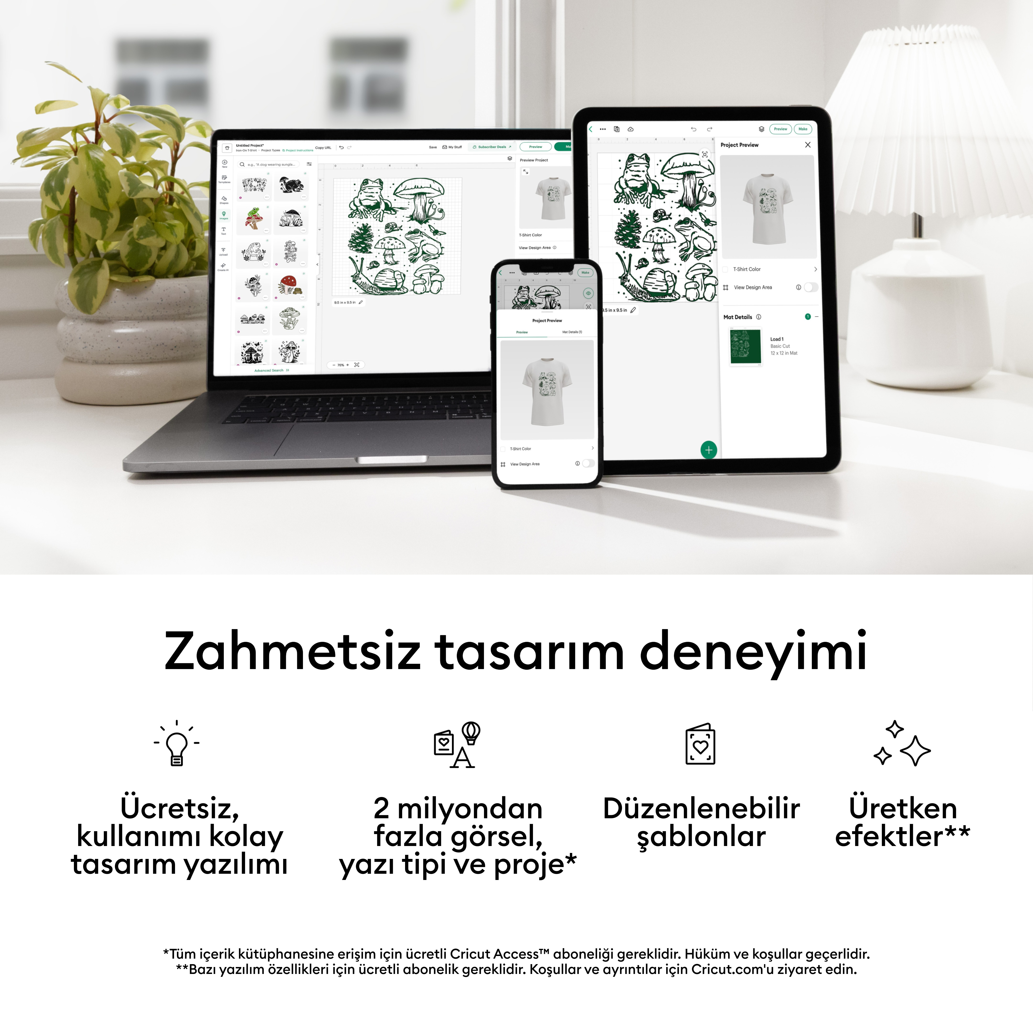 Bir dizüstü, tablet ve akıllı telefon bir tasarım uygulaması gösteriyor, yanında bitkiler ve lamba var.