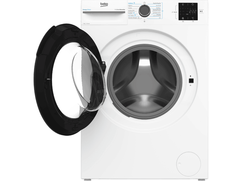 Lavadora carga frontal - Beko VBM3WFT39413WA, 9 kg, 1400 rpm, 15 programas, Energy Spin, Steam Cure, Motor ProSmart Inverter, Blanco